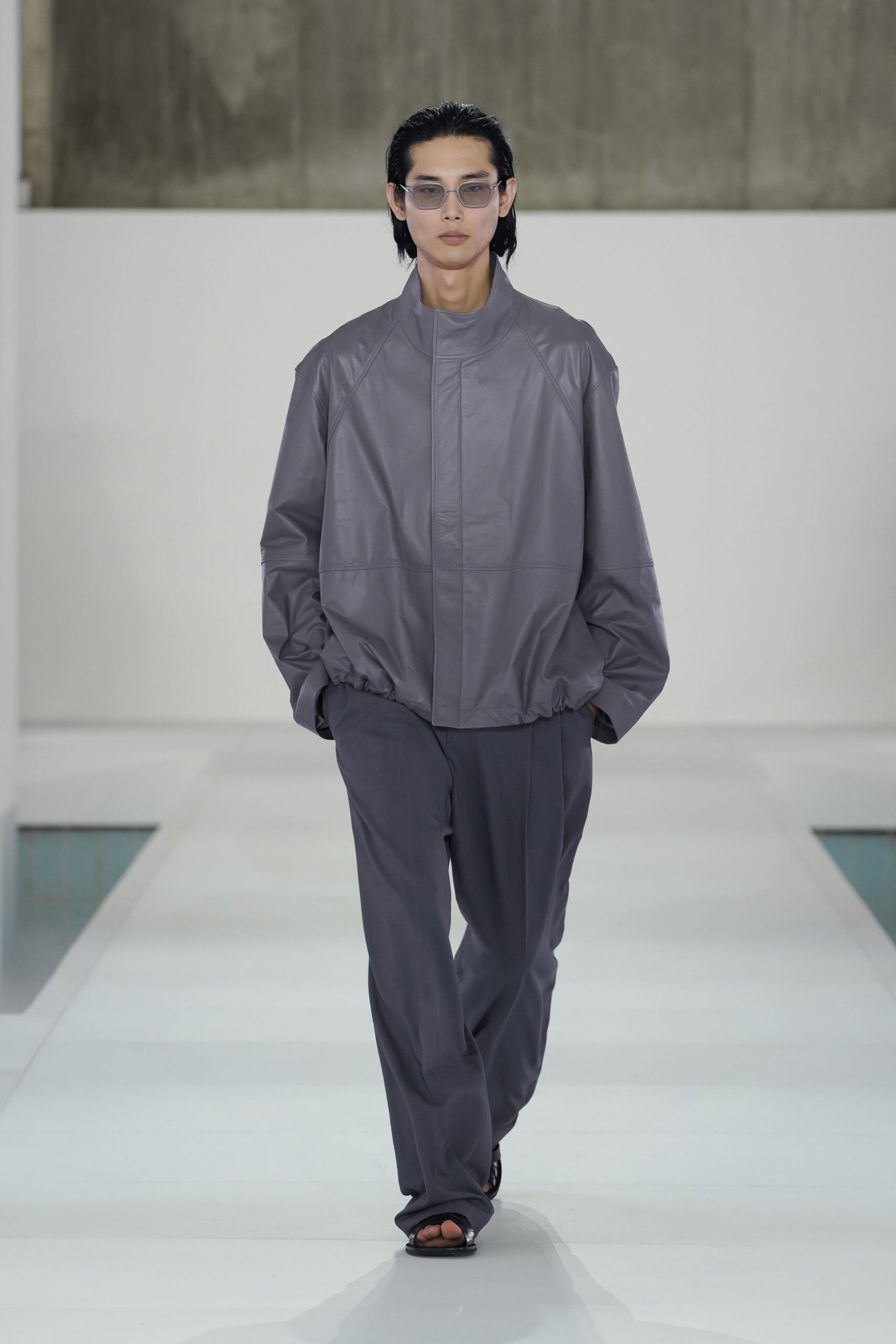 gray leather long-sleeve collared oversized jacket