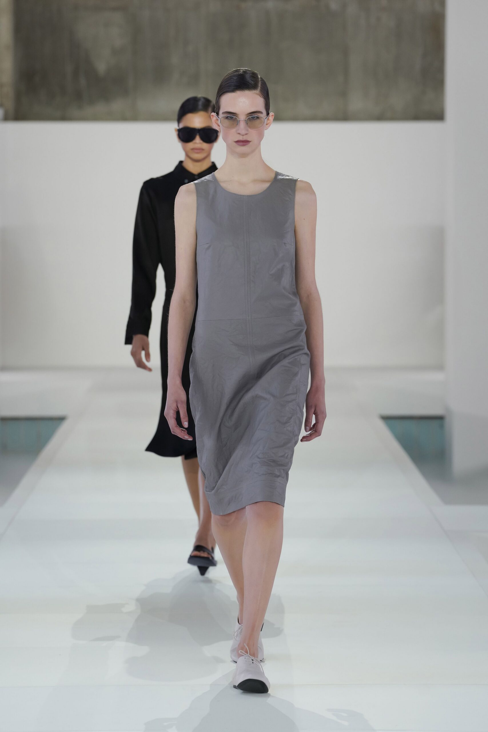 gray leather sleeveless v-neck fitted midi dress