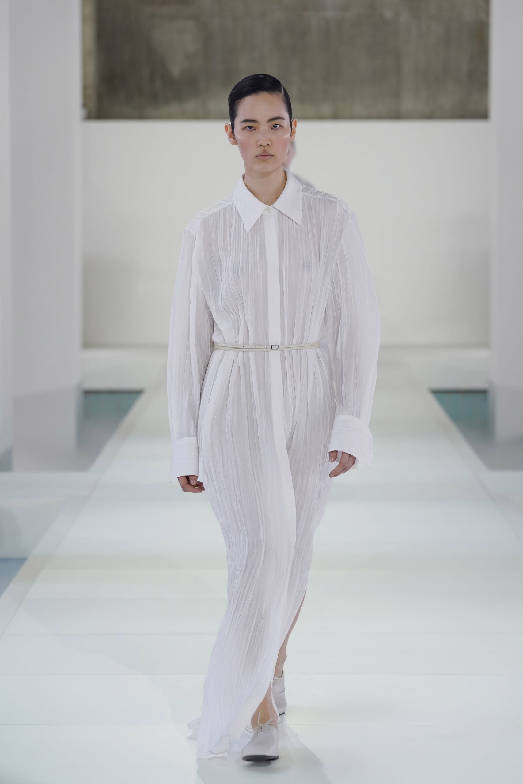 white cotton long-sleeve collared relaxed pleated belted shirt-dress