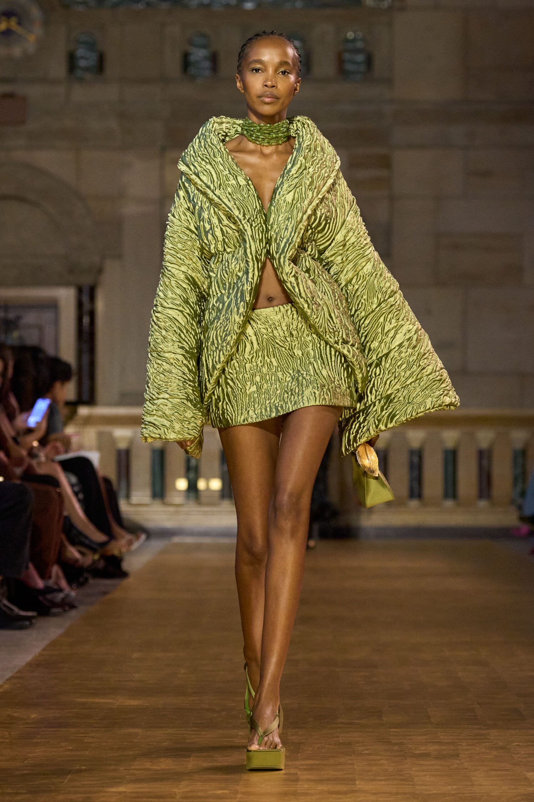 green silk sleeveless fitted ruffled top