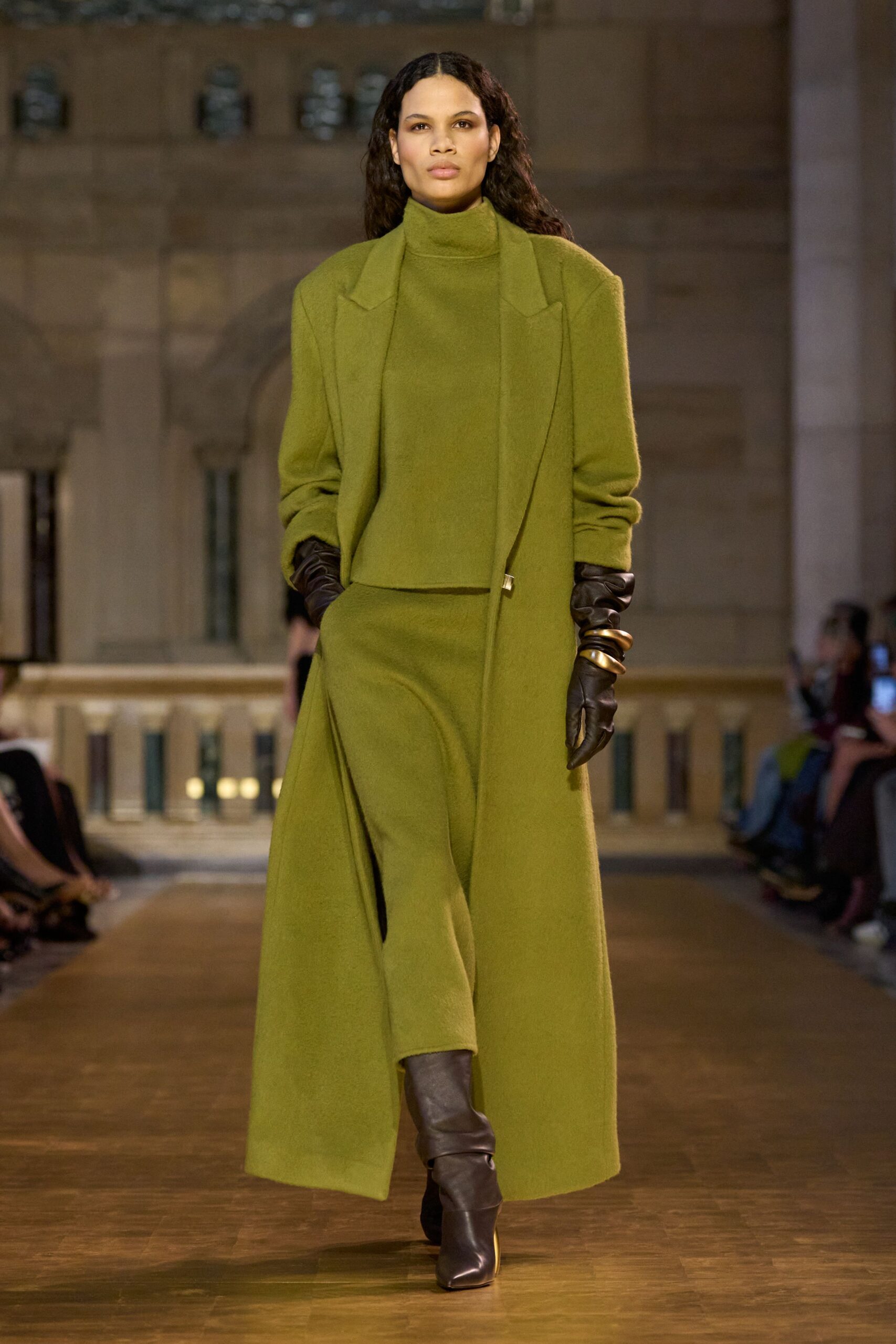 green wool long-sleeve collared structured belted maxi coat