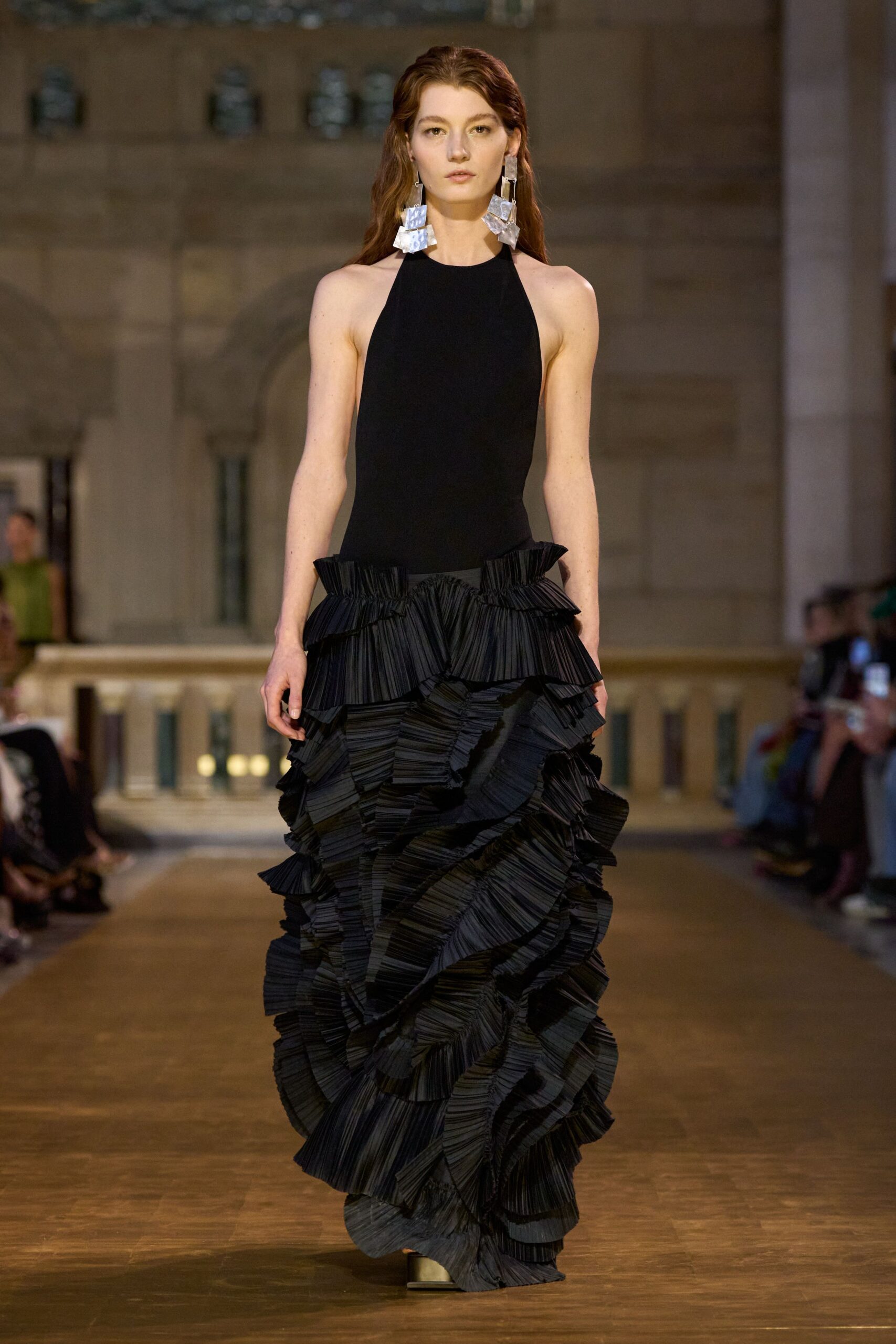 black silk sleeveless high-neck fitted pleated layered gown