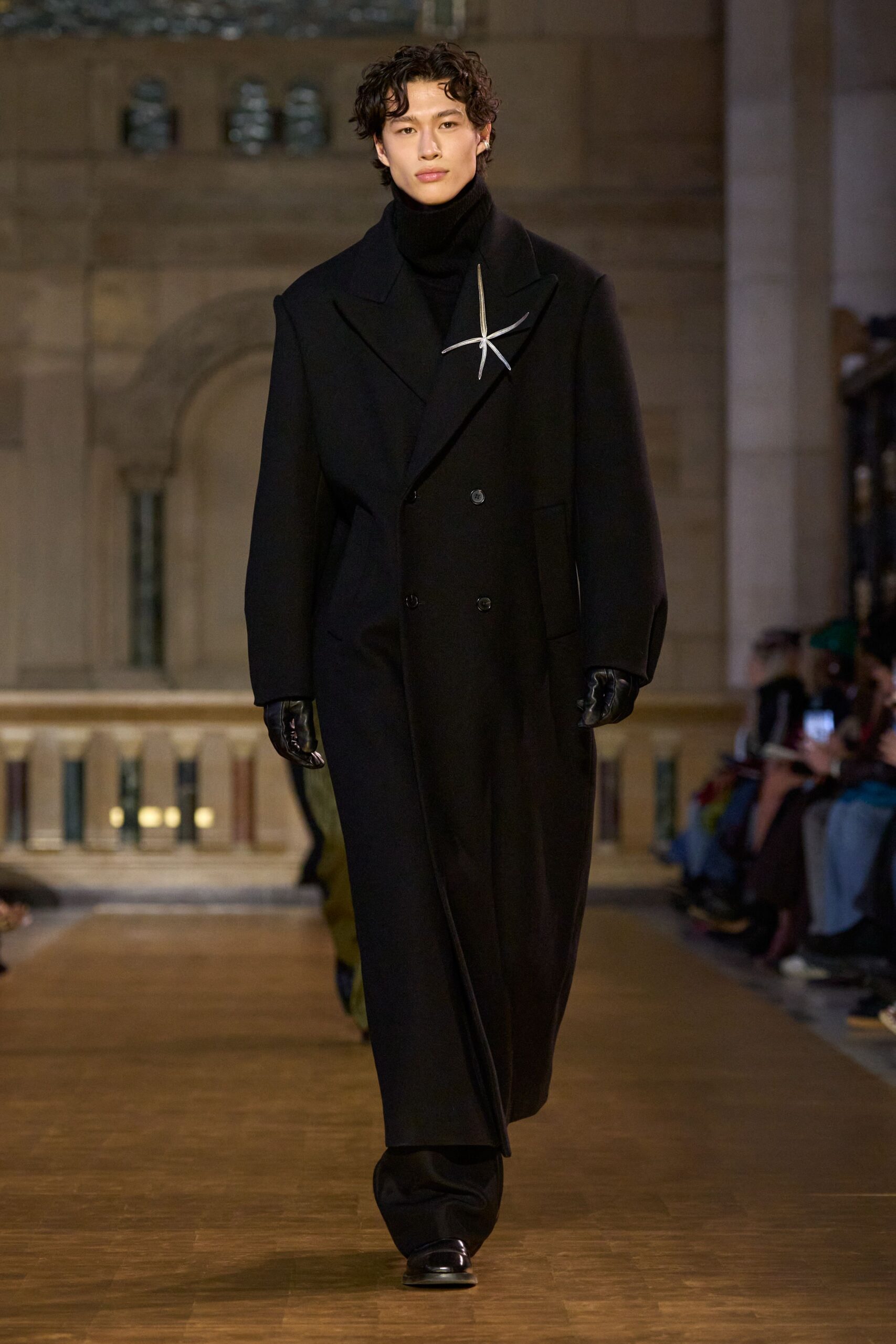 black wool long-sleeve collared oversized maxi coat