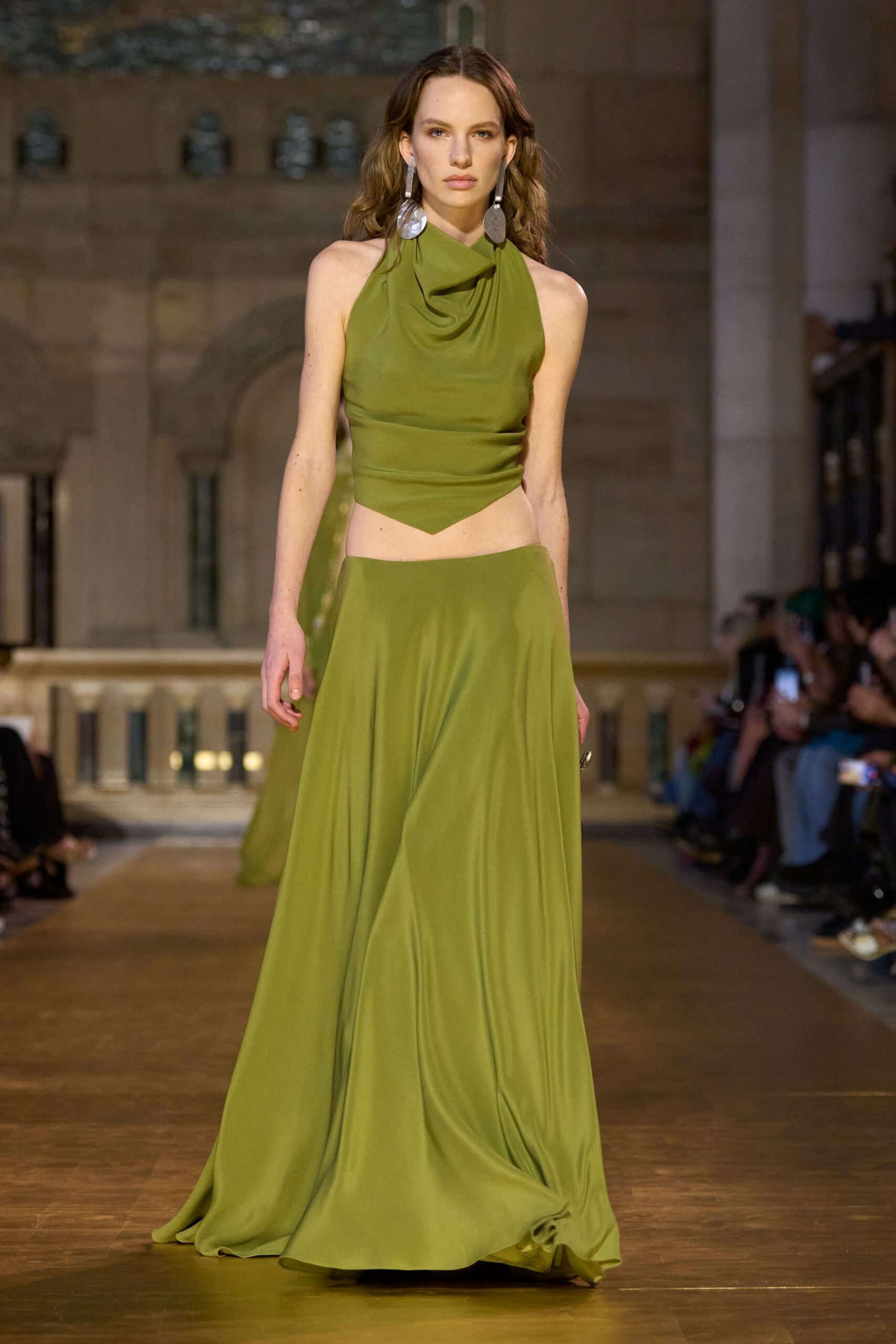 green silk fitted high-waisted flared flowing maxi skirt