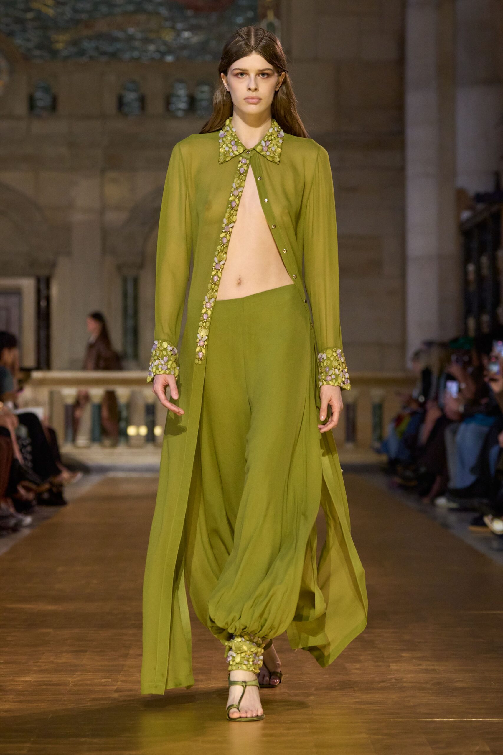 green silk long-sleeve collared relaxed embroidered flowing top