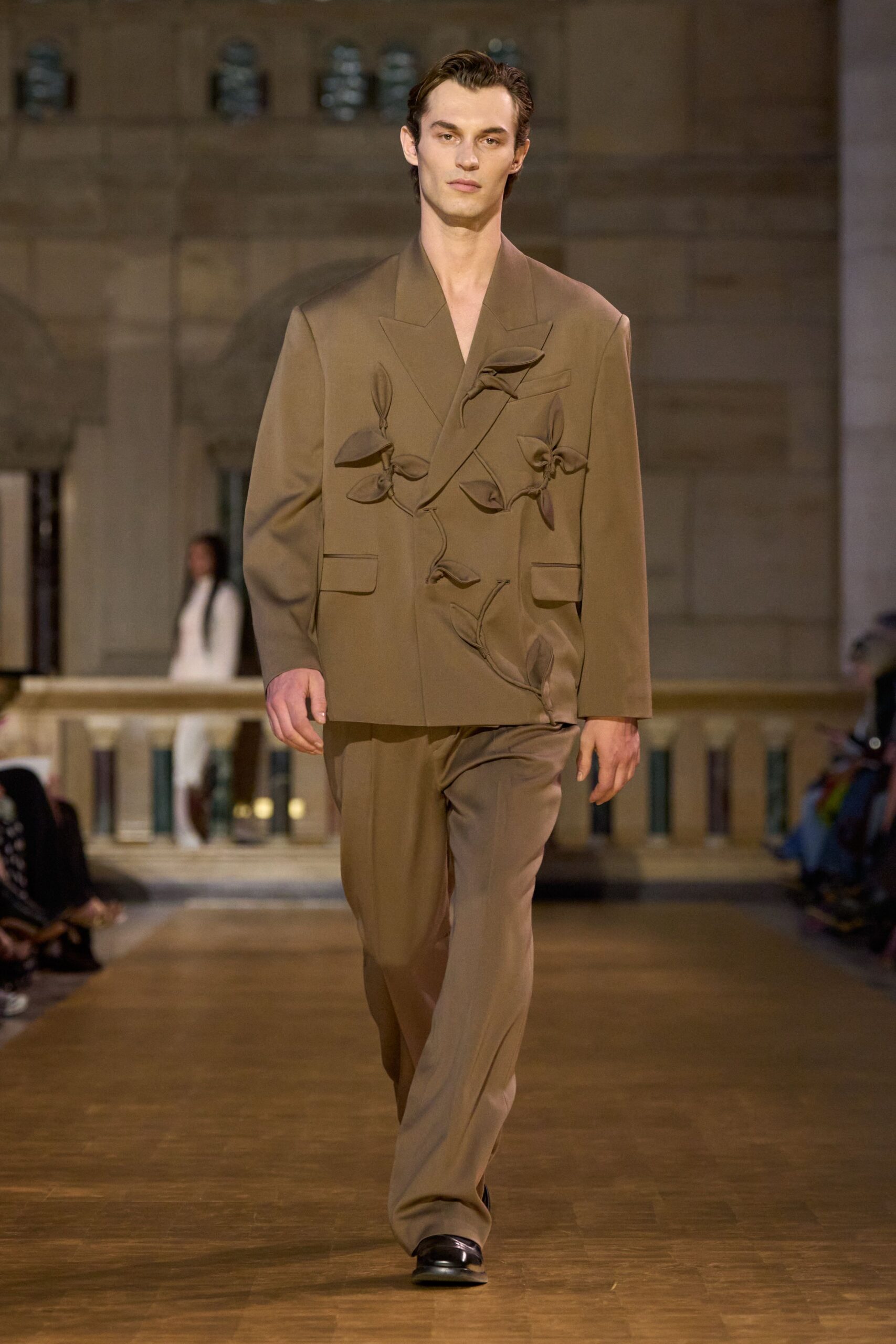 brown cotton long-sleeve collared structured embroidered suit