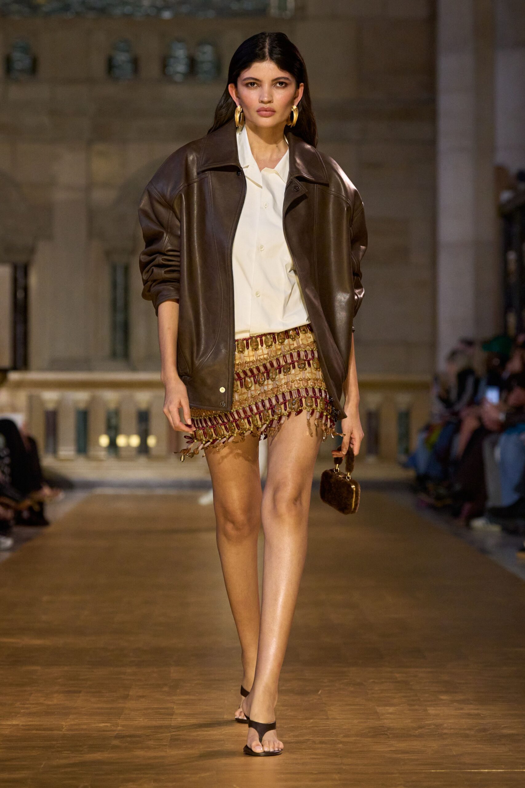 brown leather long-sleeve collared oversized jacket