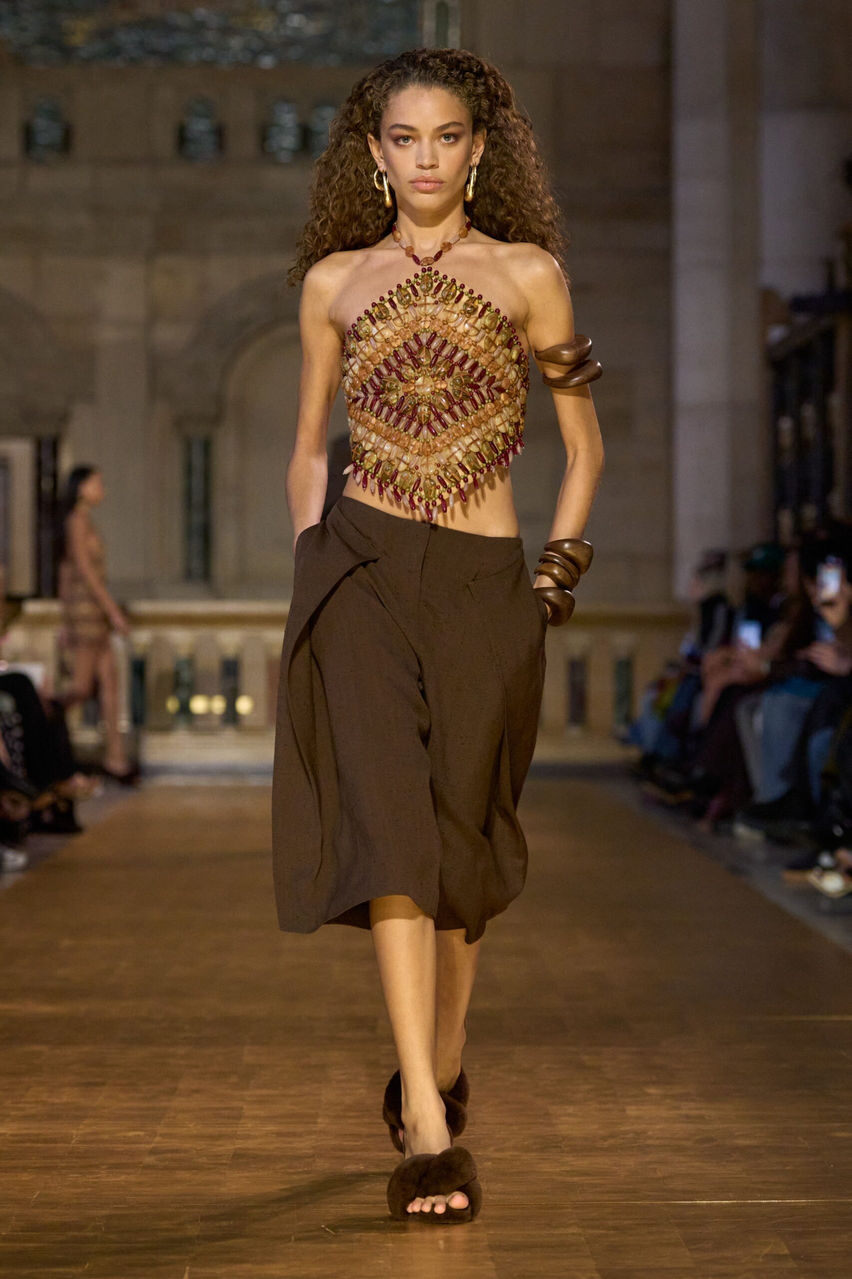 multi silk sleeveless high-neck fitted embroidered top