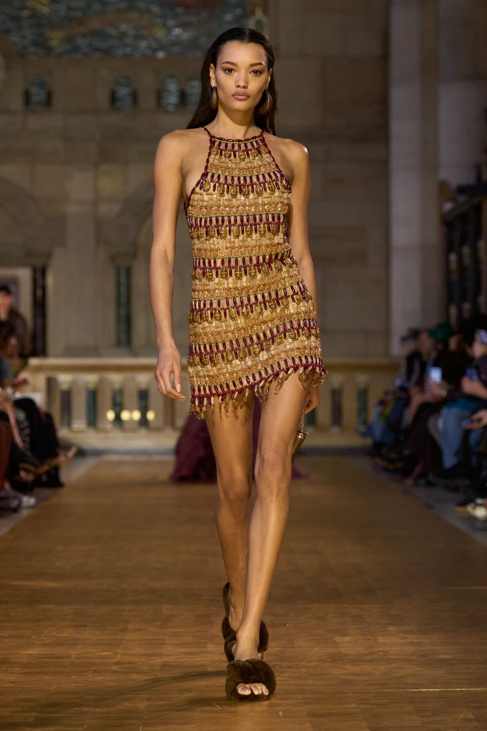 gold silk sleeveless halter fitted fringed beaded mini-dress