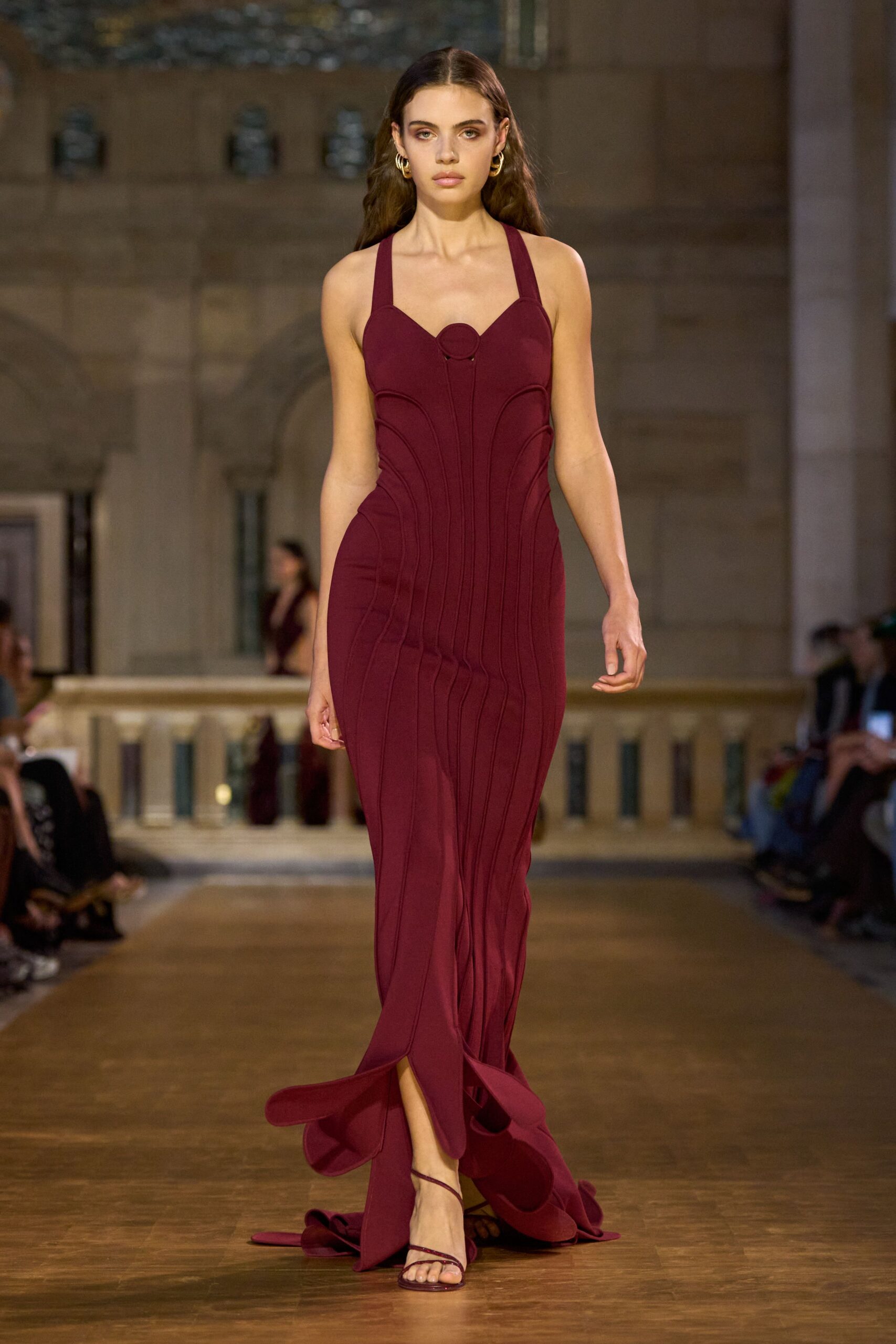 red cotton sleeveless high-neck fitted ruched maxi gown