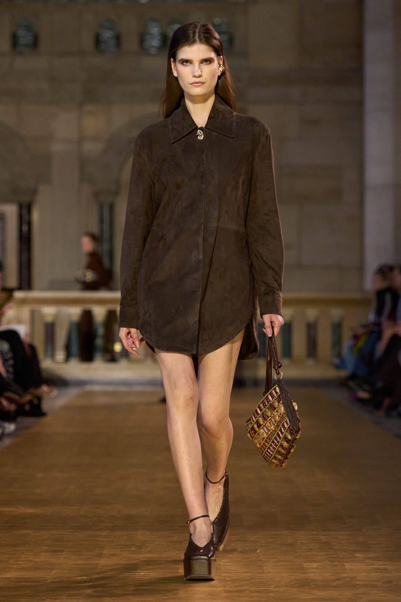 brown suede long-sleeve collared relaxed buttoned mini shirt-dress