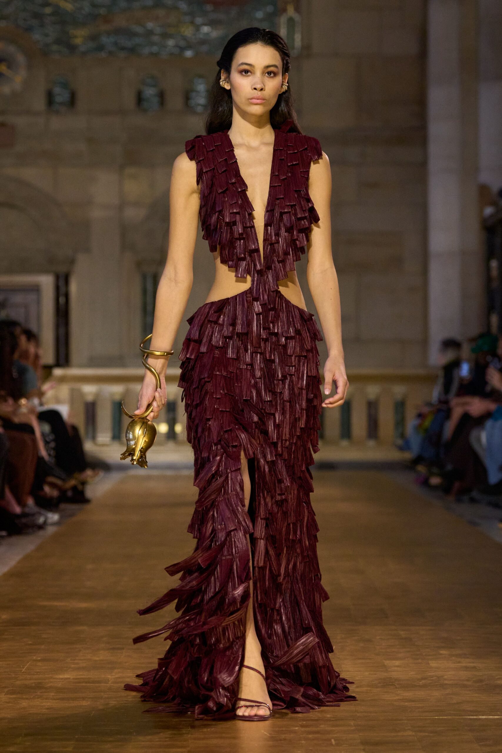 maroon silk sleeveless v-neck fitted fringed maxi gown