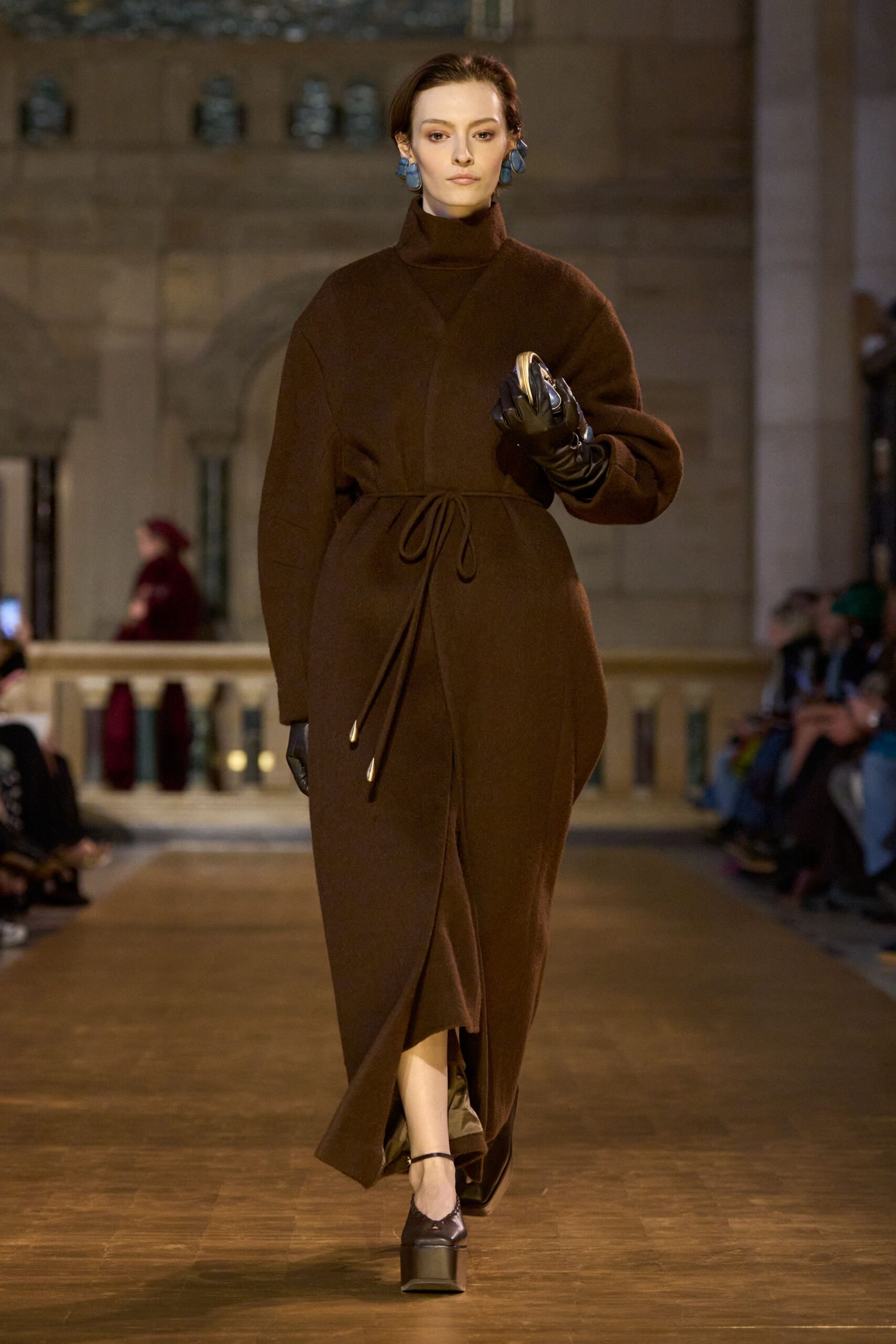 brown wool long-sleeve v-neck relaxed belted draped dress