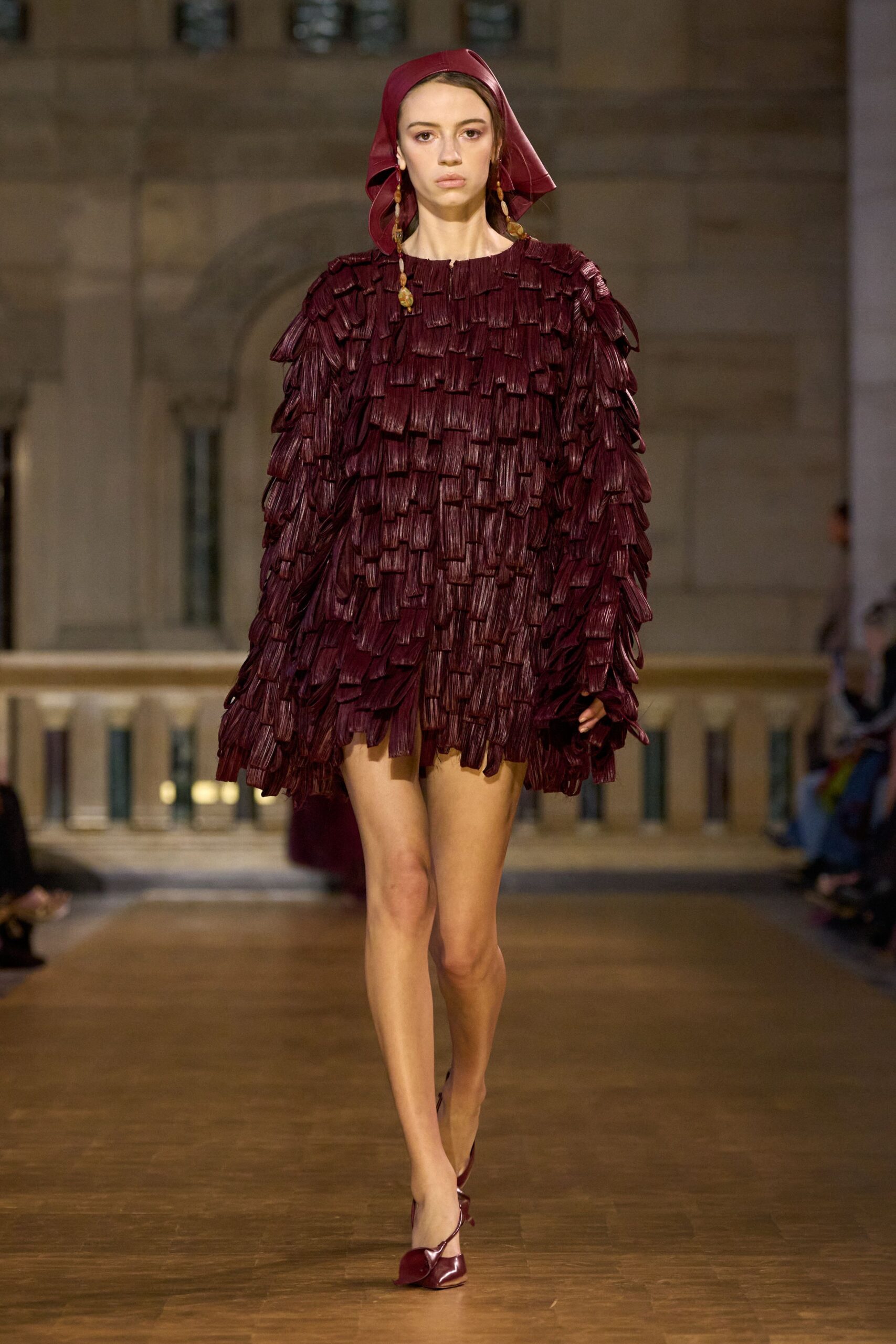 maroon silk sleeveless fitted fringed mini dress