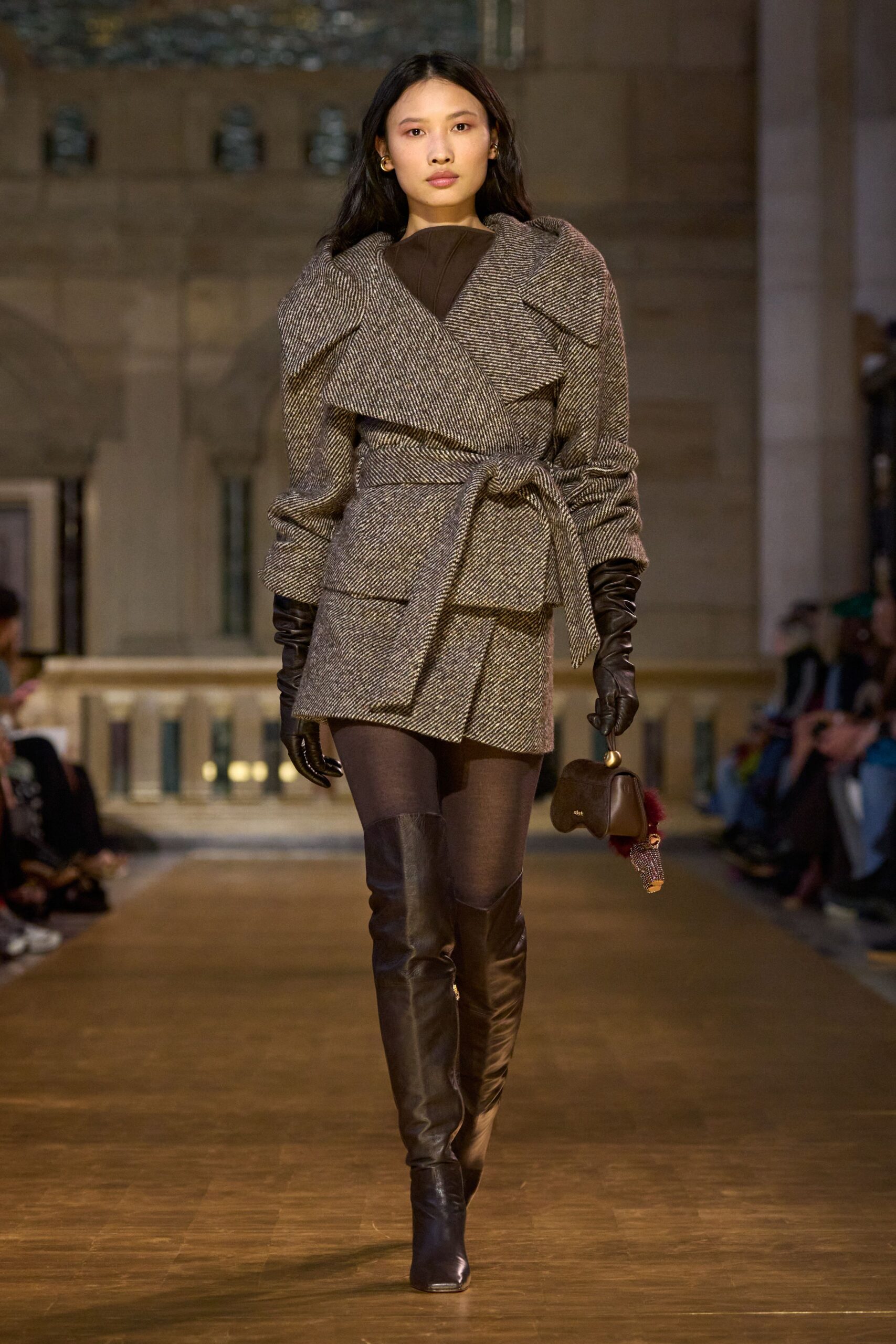 gray tweed long-sleeve collared fitted belted short coat