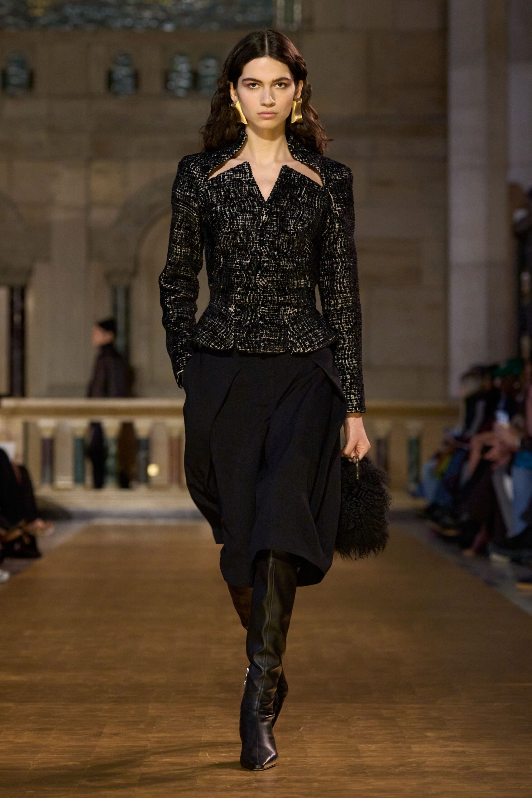 black embroidered blazer and wide-leg pants