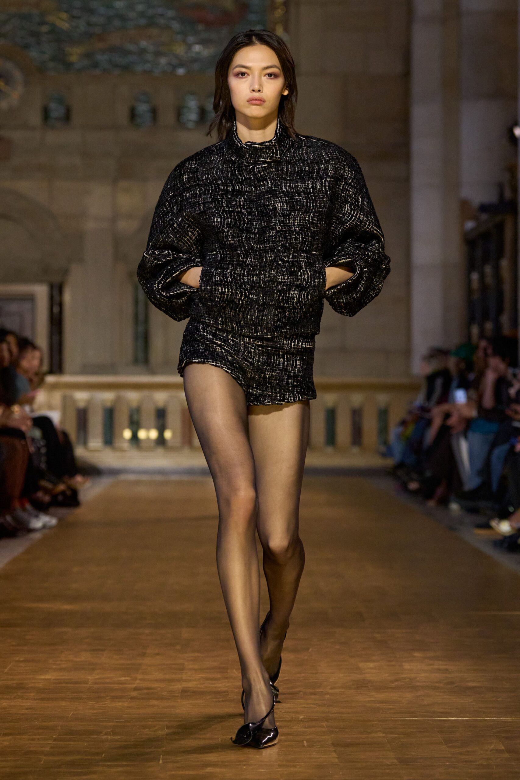 black cotton long-sleeve collared relaxed textured short jacket