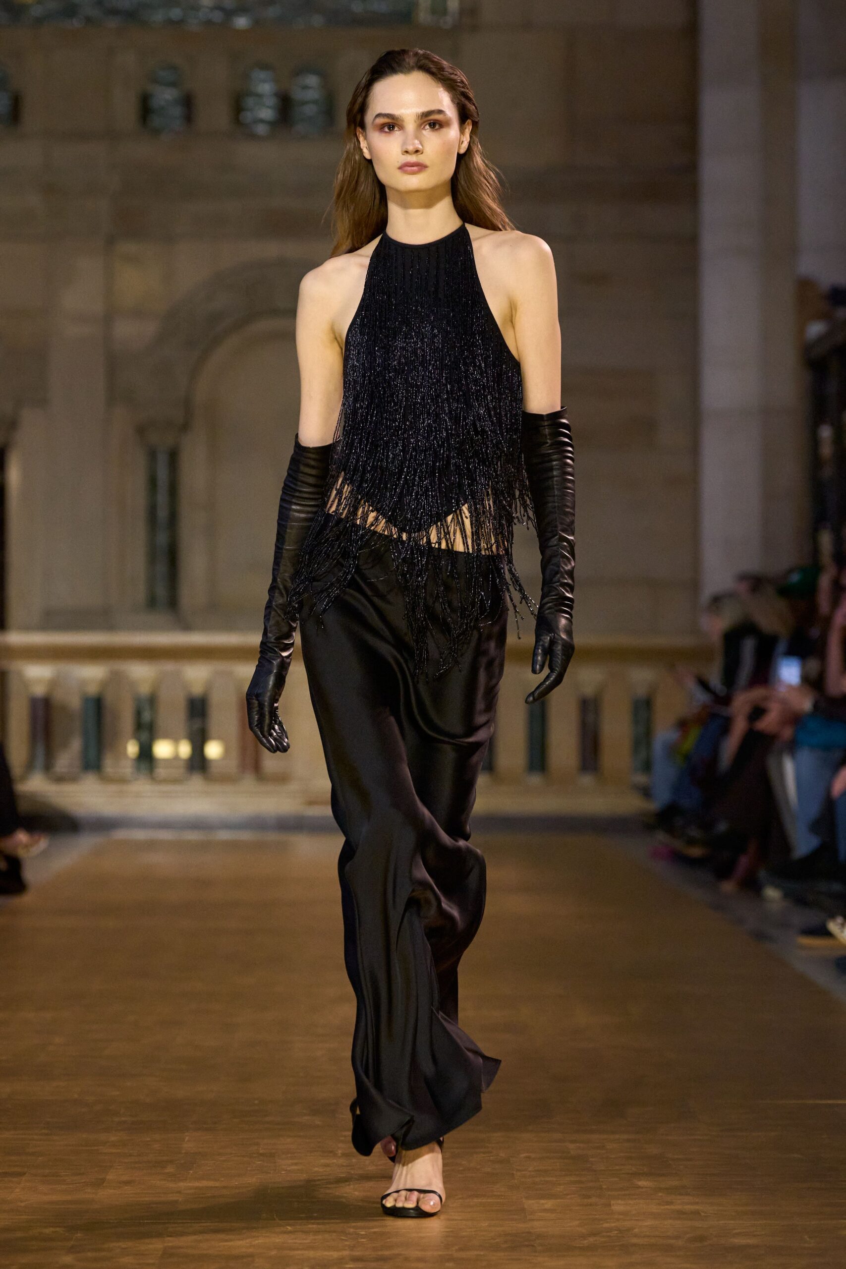 black silk fitted straight-leg flowing pants