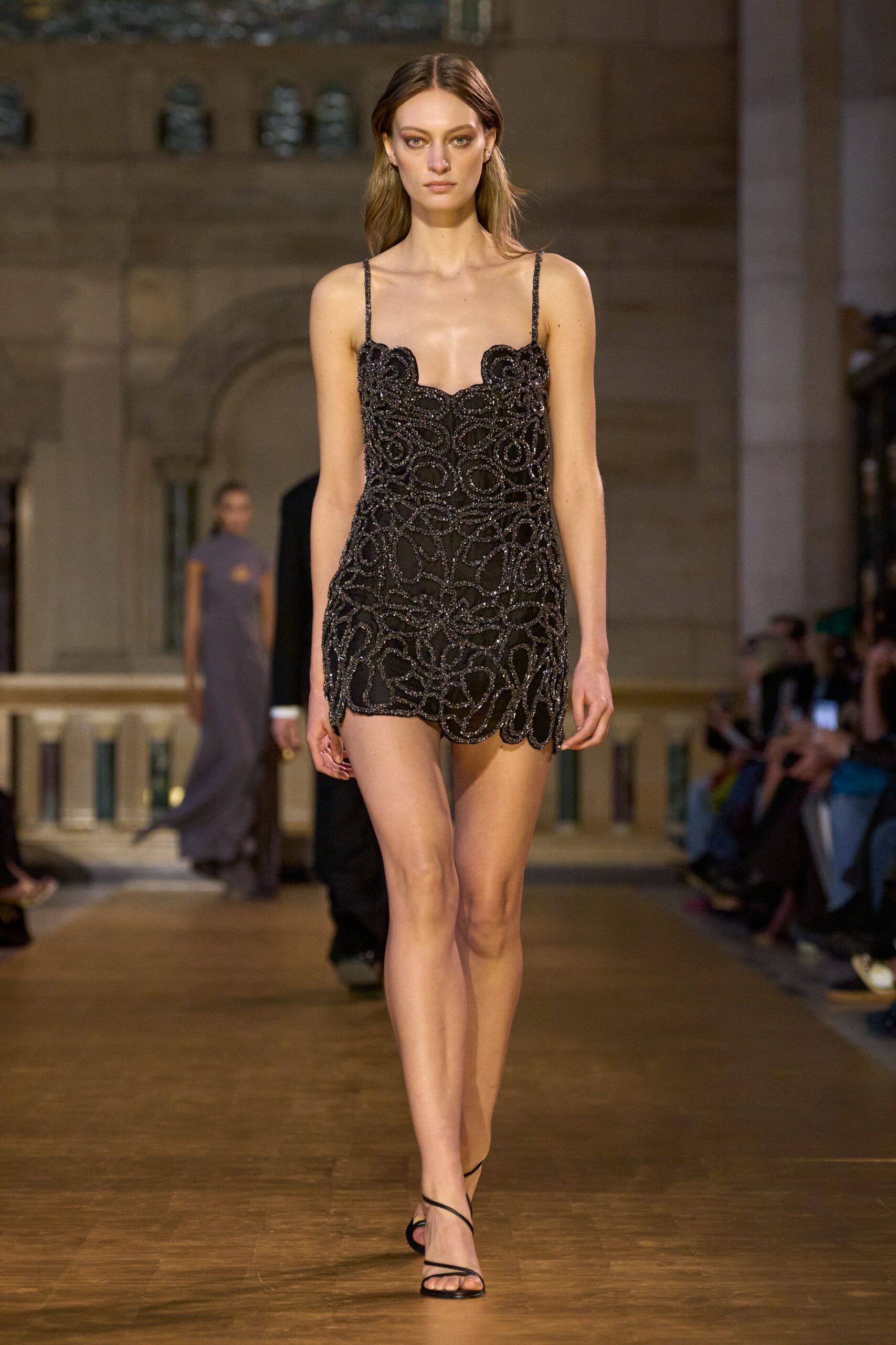 black silk sleeveless v-neck fitted beaded embellished mini-dress