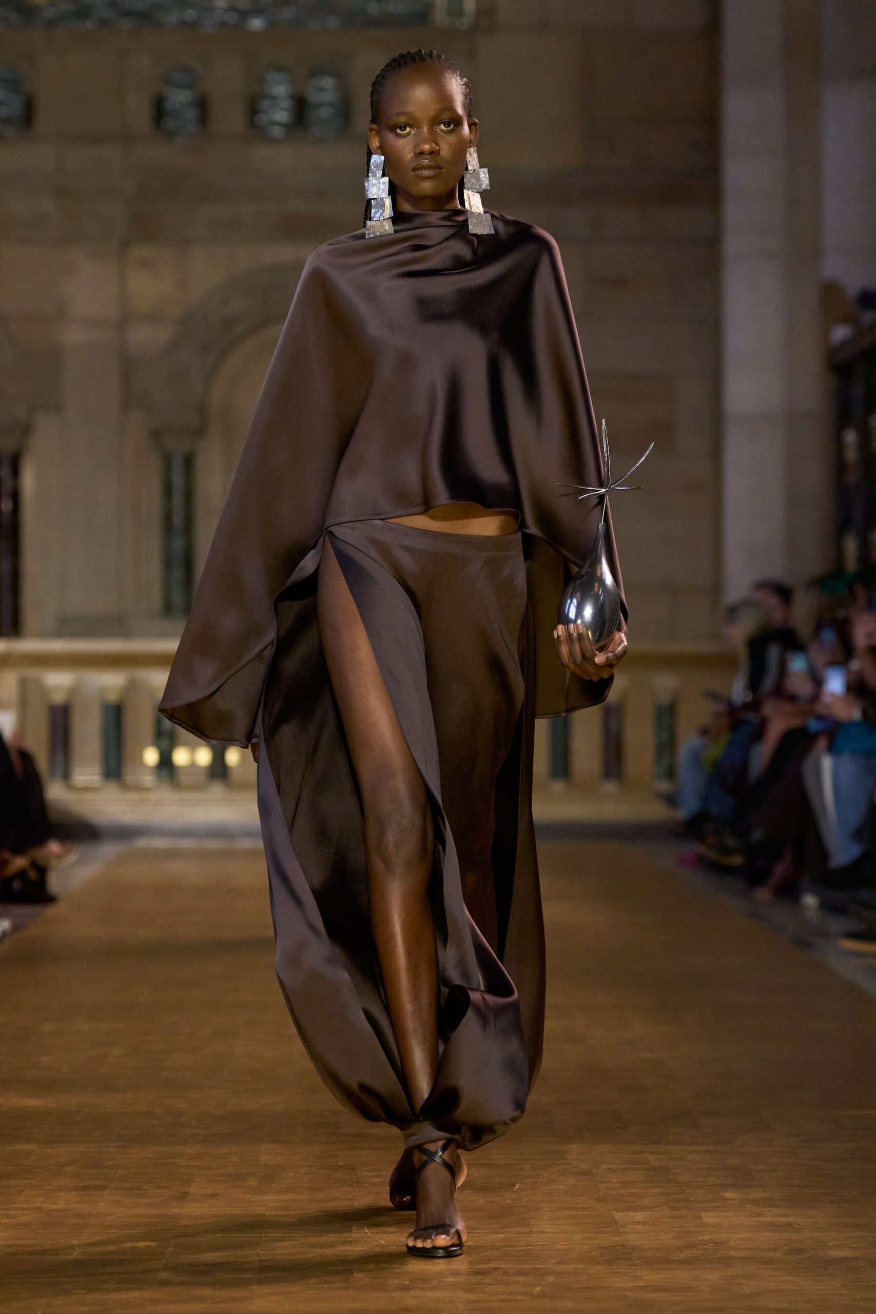 brown silk long-sleeve asymmetric relaxed draped flowing top
