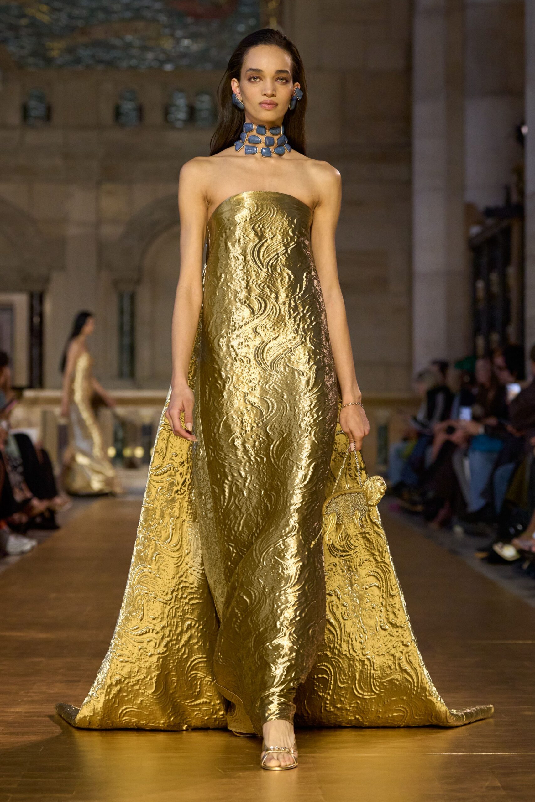 gold silk strapless fitted textured shiny maxi gown
