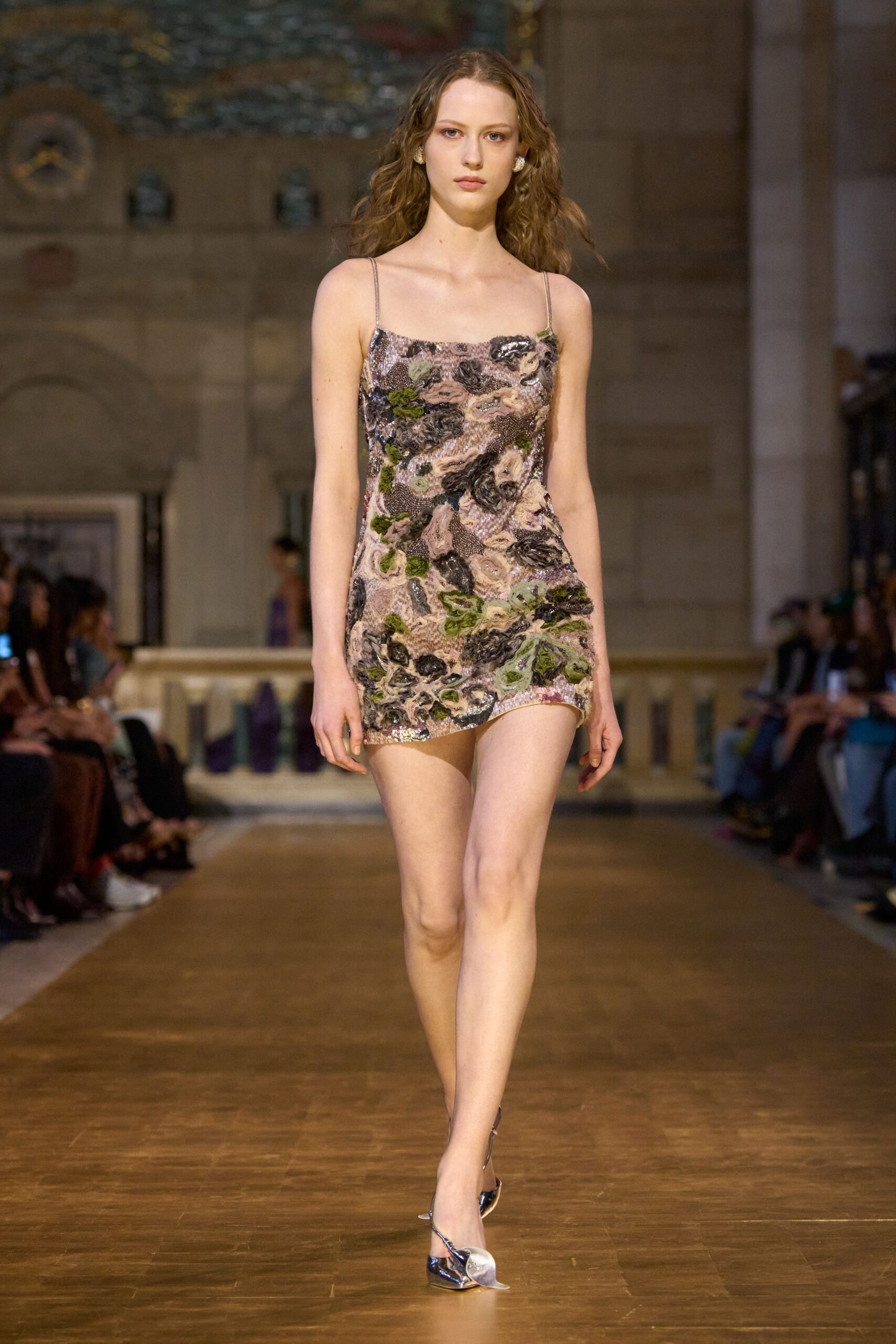 multi silk sleeveless v-neck fitted ruched embellished mini-dress