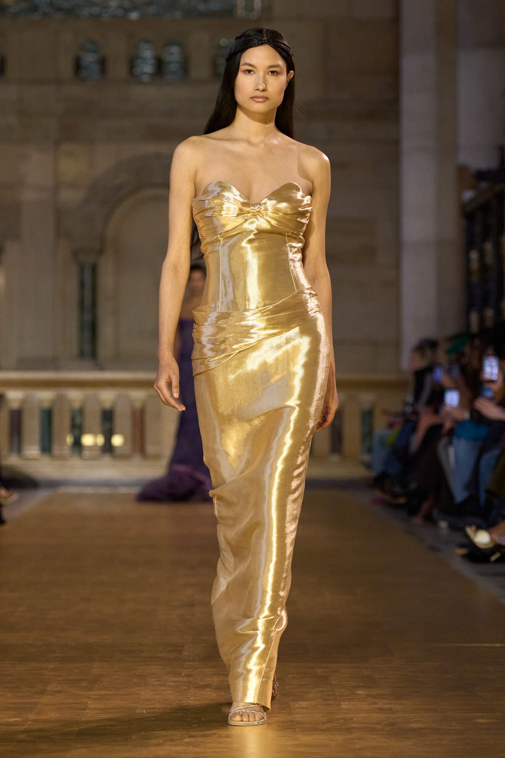 gold satin strapless fitted ruched shiny maxi gown
