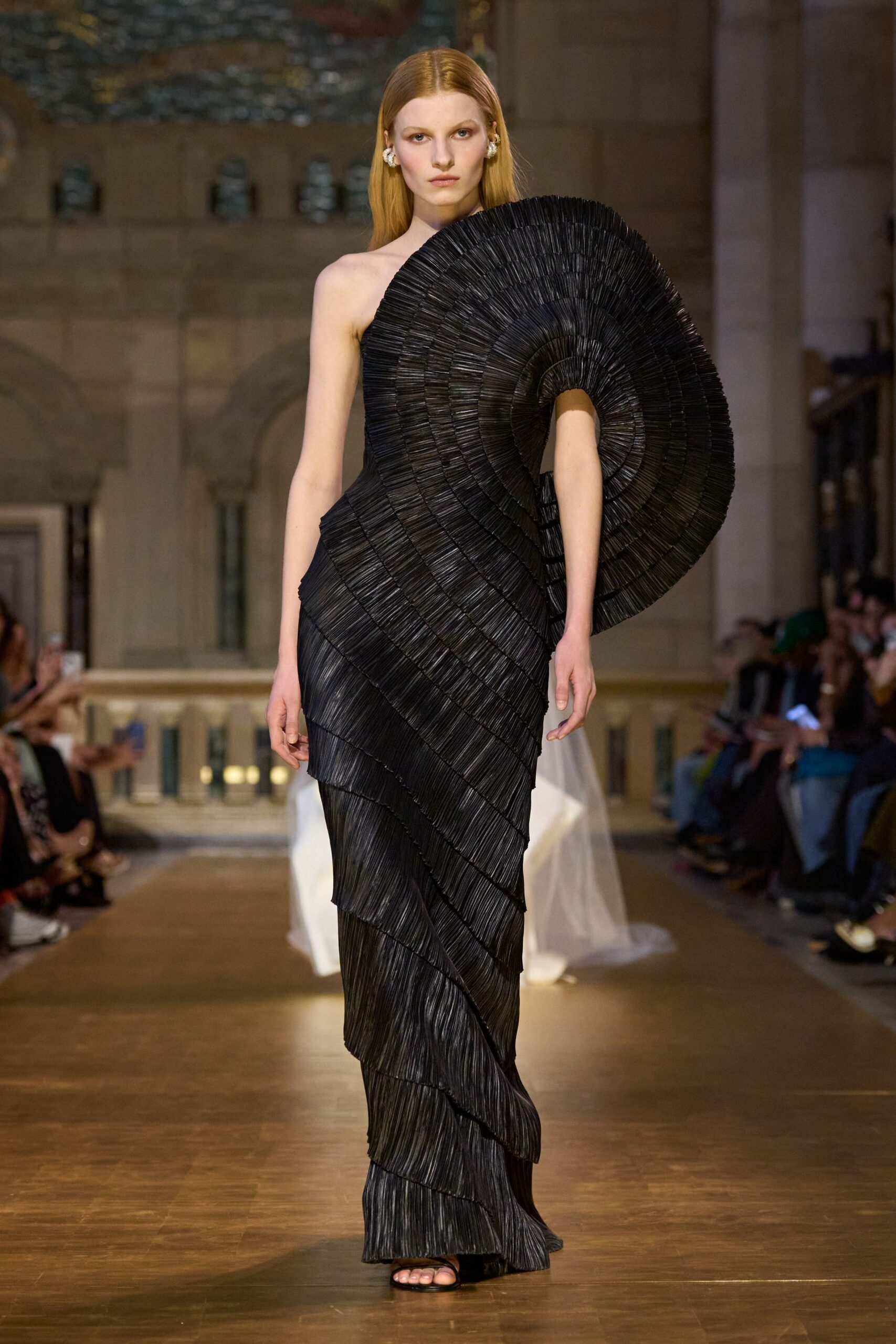 black pleated gown with heels