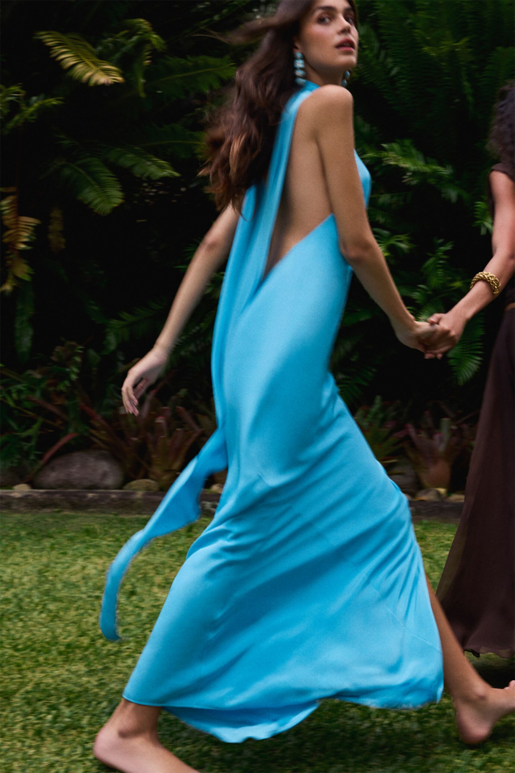 blue silk backless gown