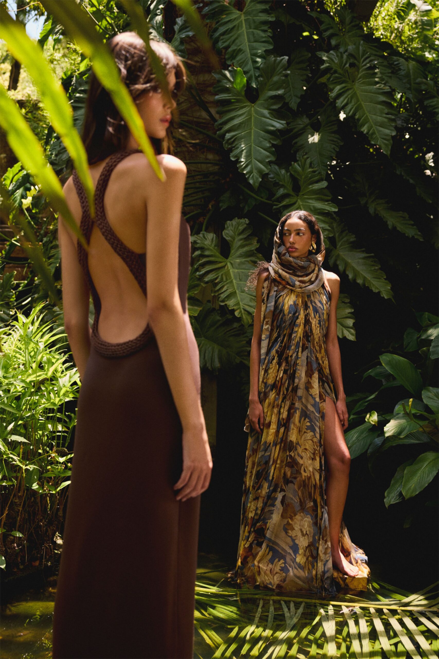 brown fitted silk gown and floral draped gown