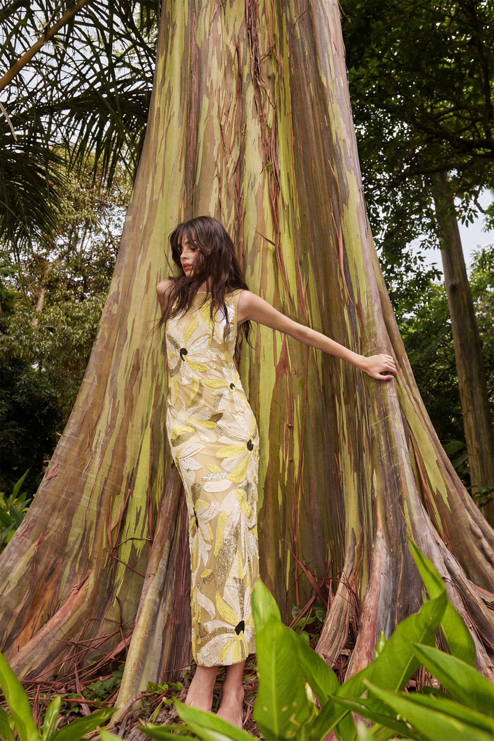 yellow floral midi dress with heels