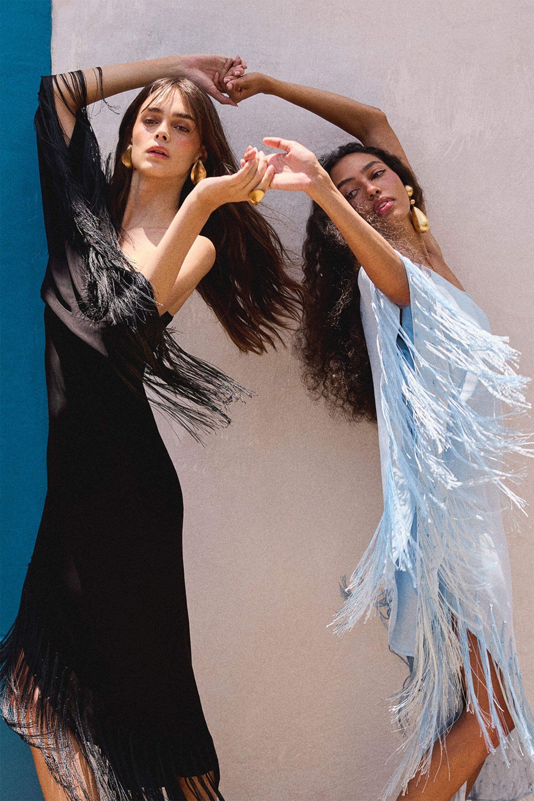 black and blue fringed midi dresses