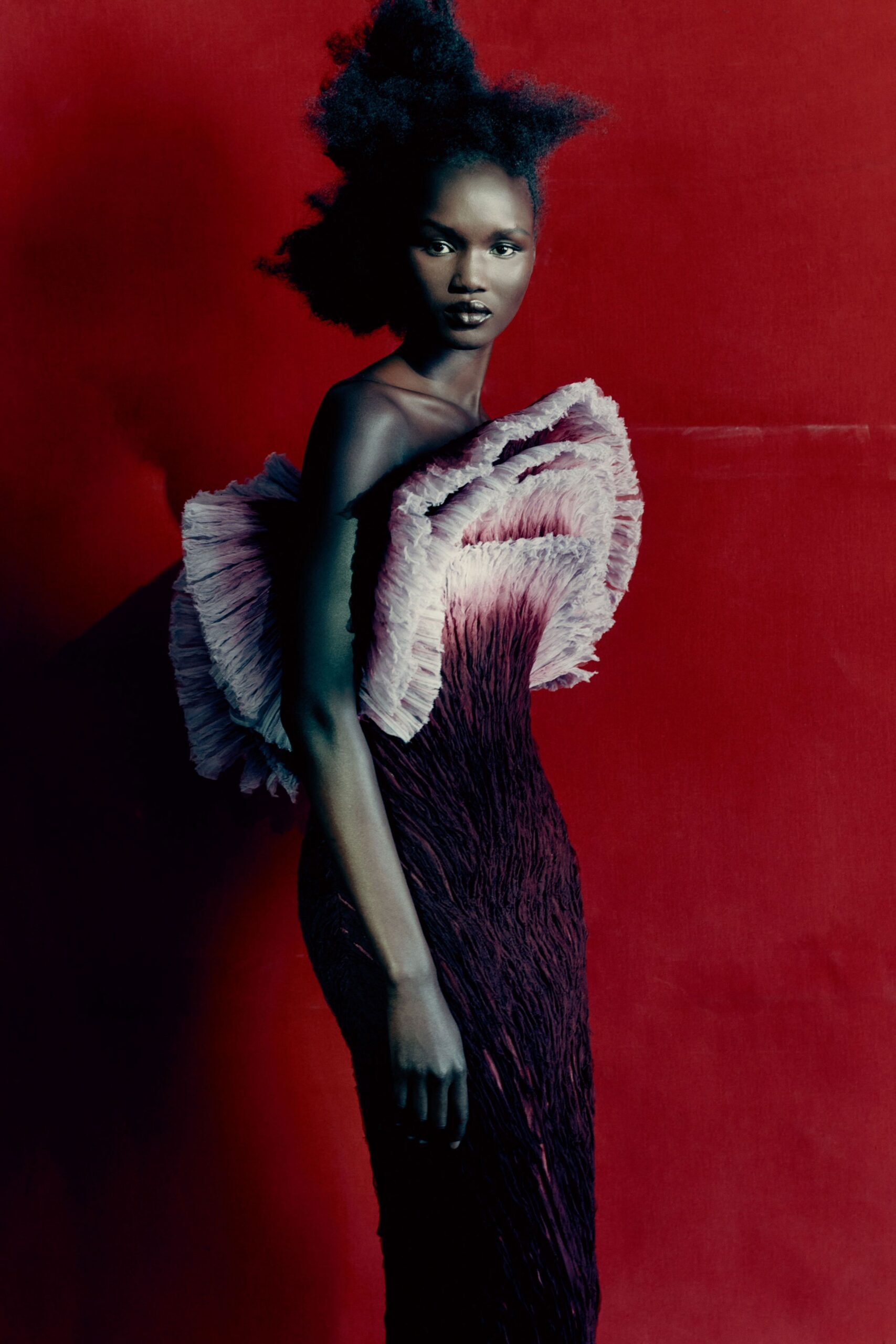 red and purple pleated gown