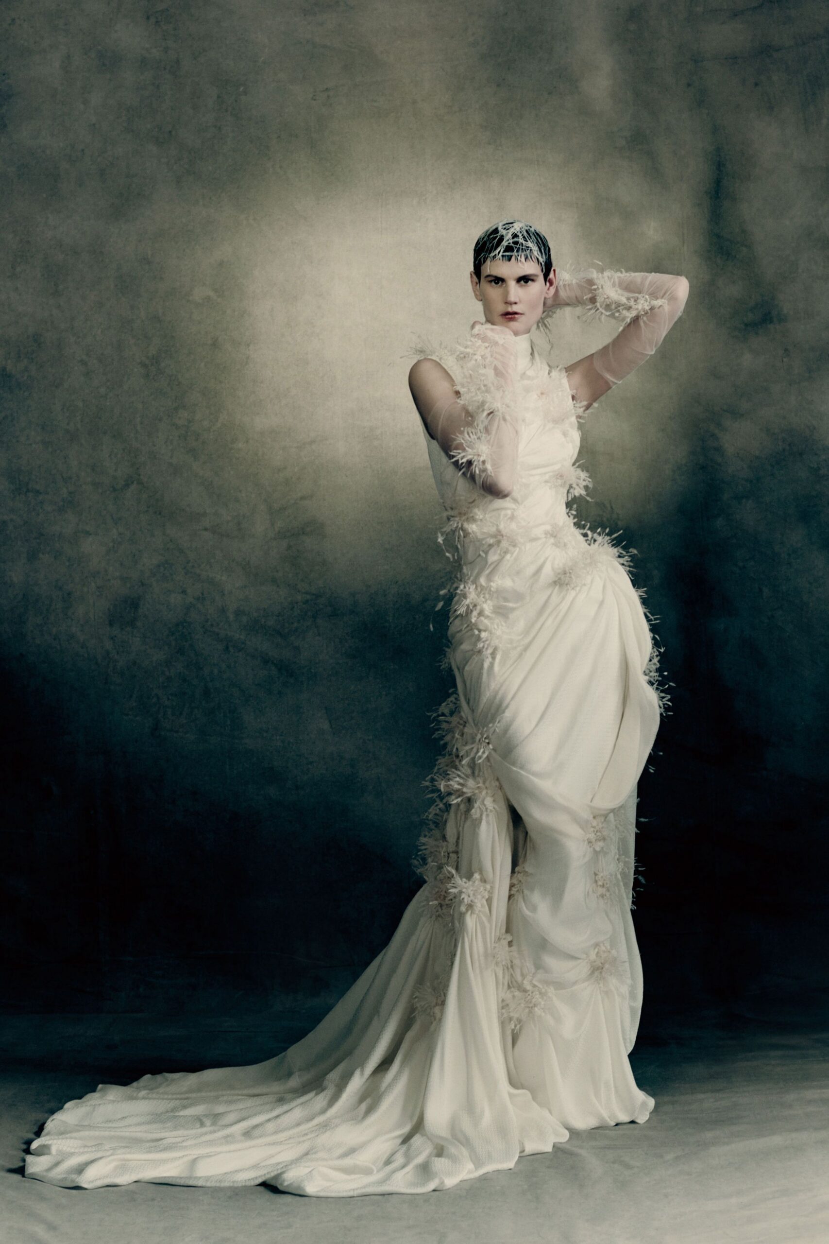 white silk fitted gown