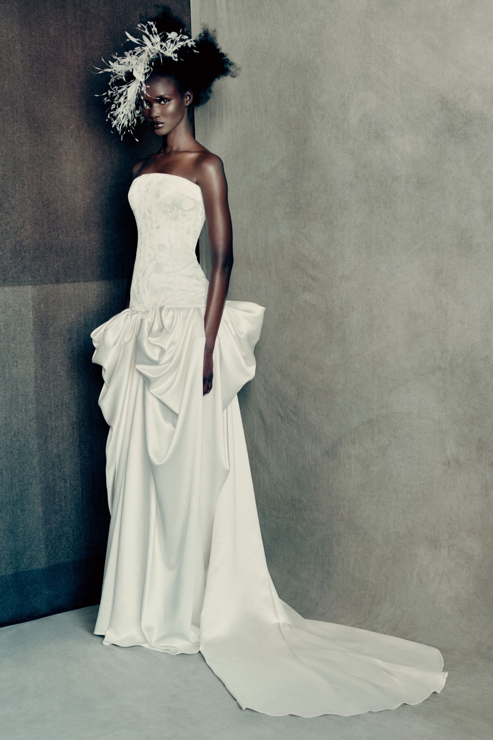 white strapless flowing gown