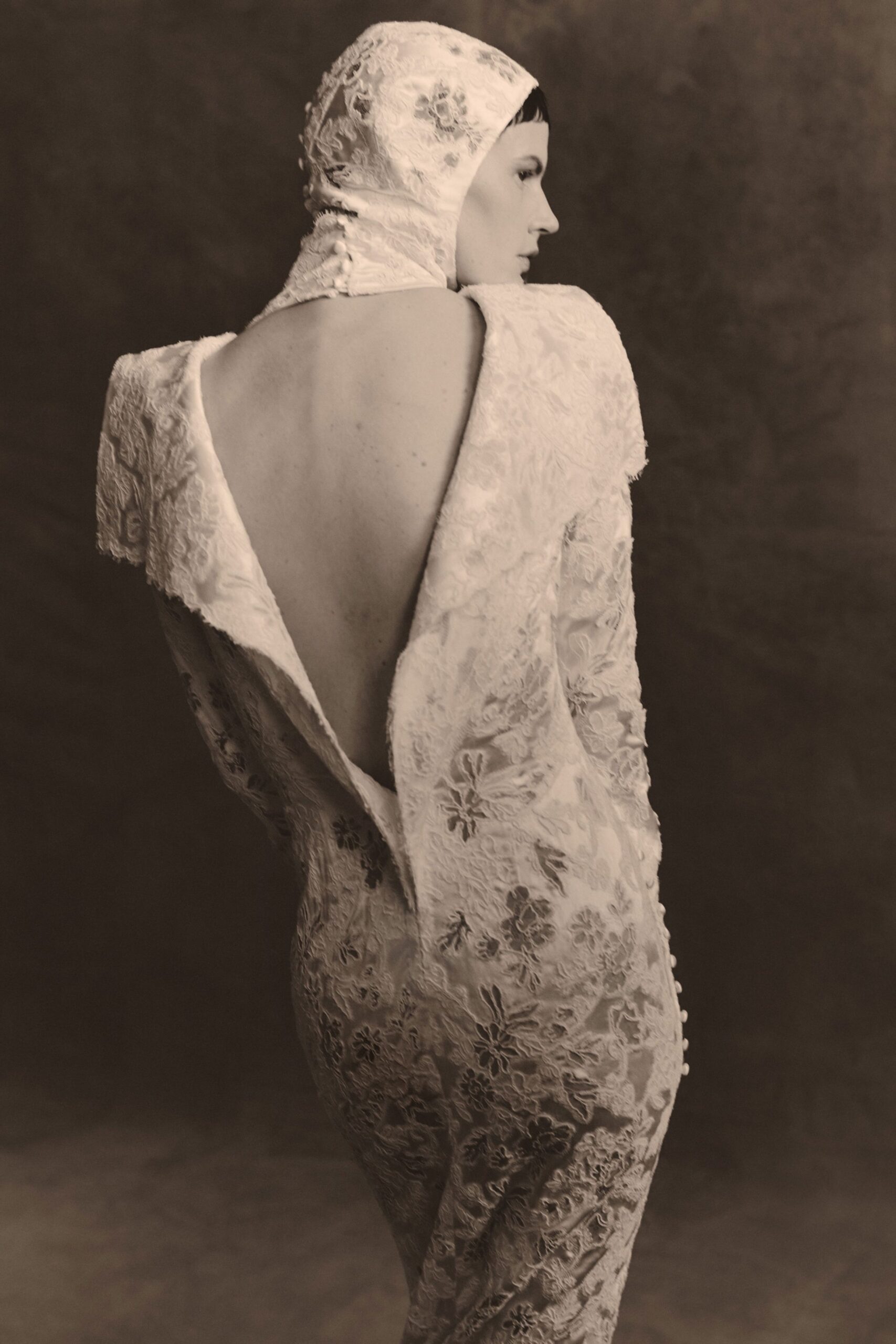 white lace long-sleeve backless fitted embroidered maxi gown
