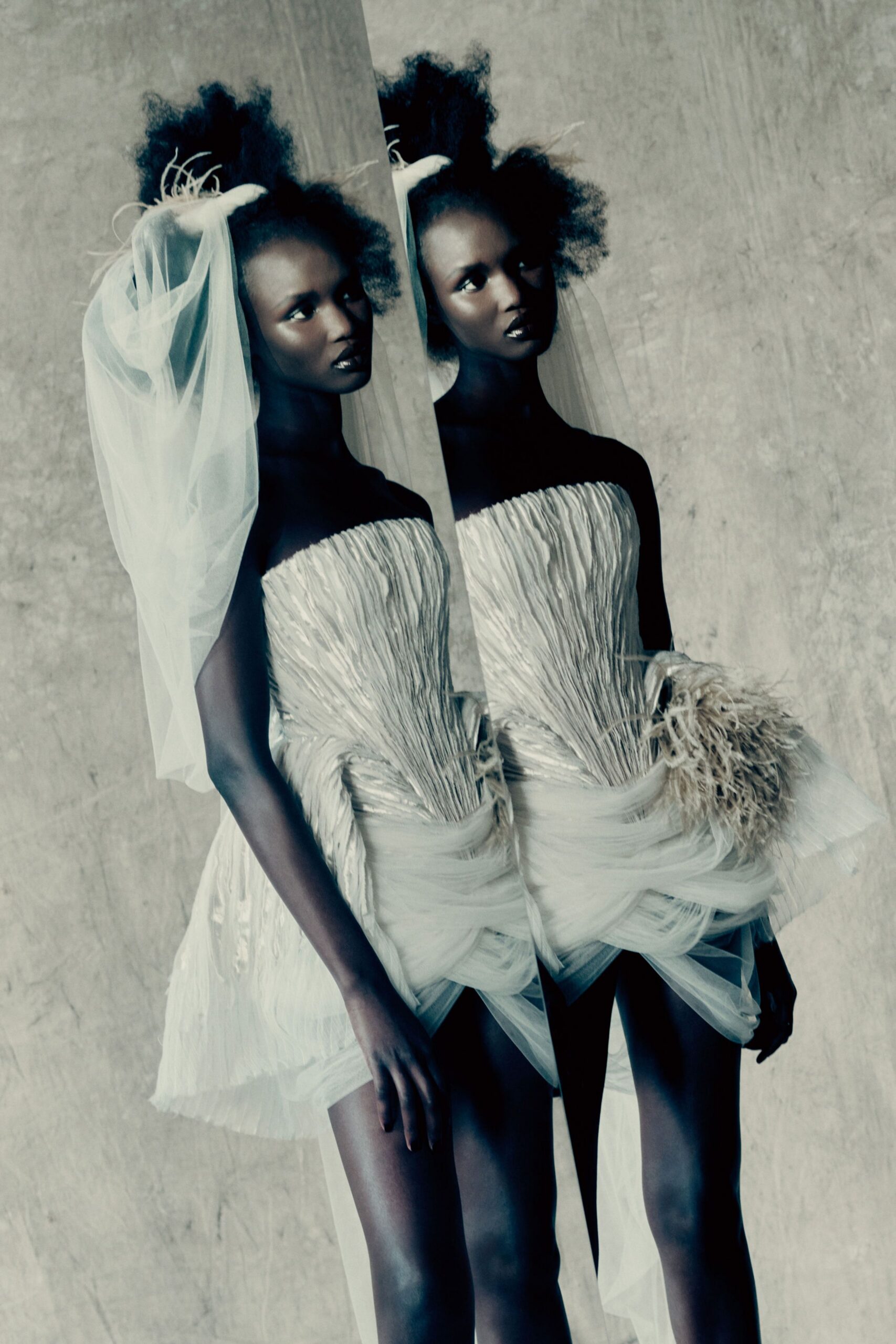white pleated mini dress with veil