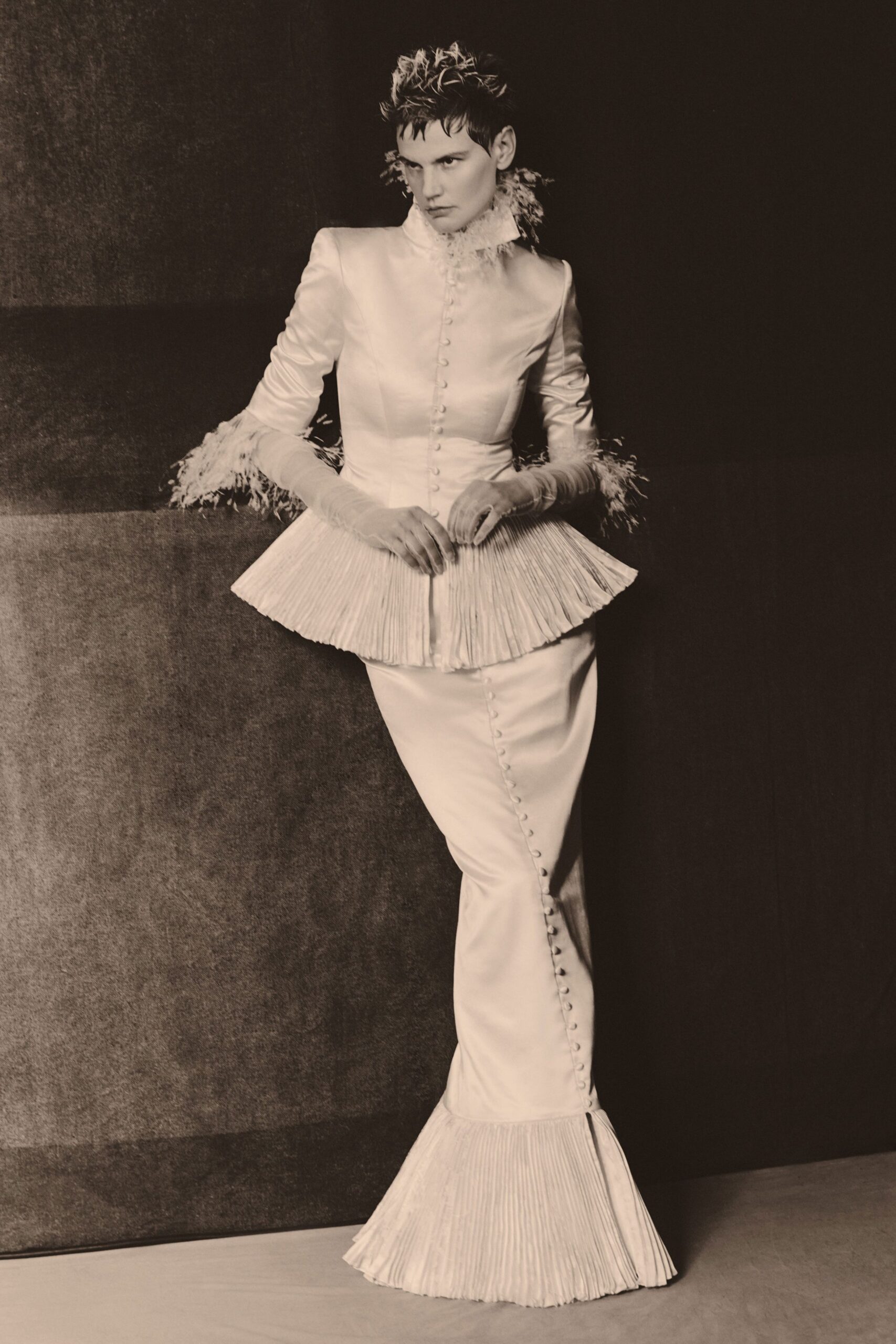 white silk fitted gown