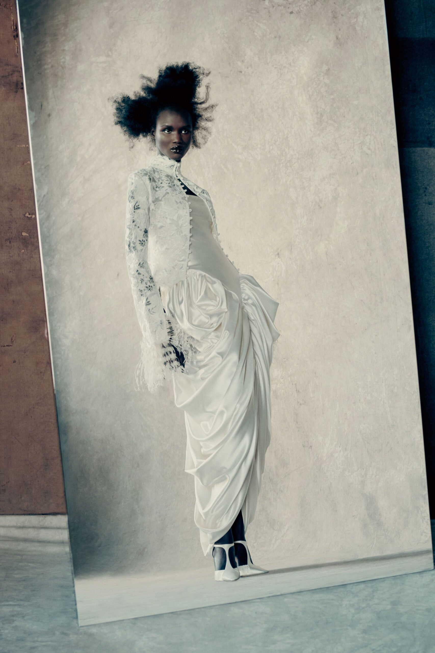 white silk long-sleeve collared fitted pleated draped gown
