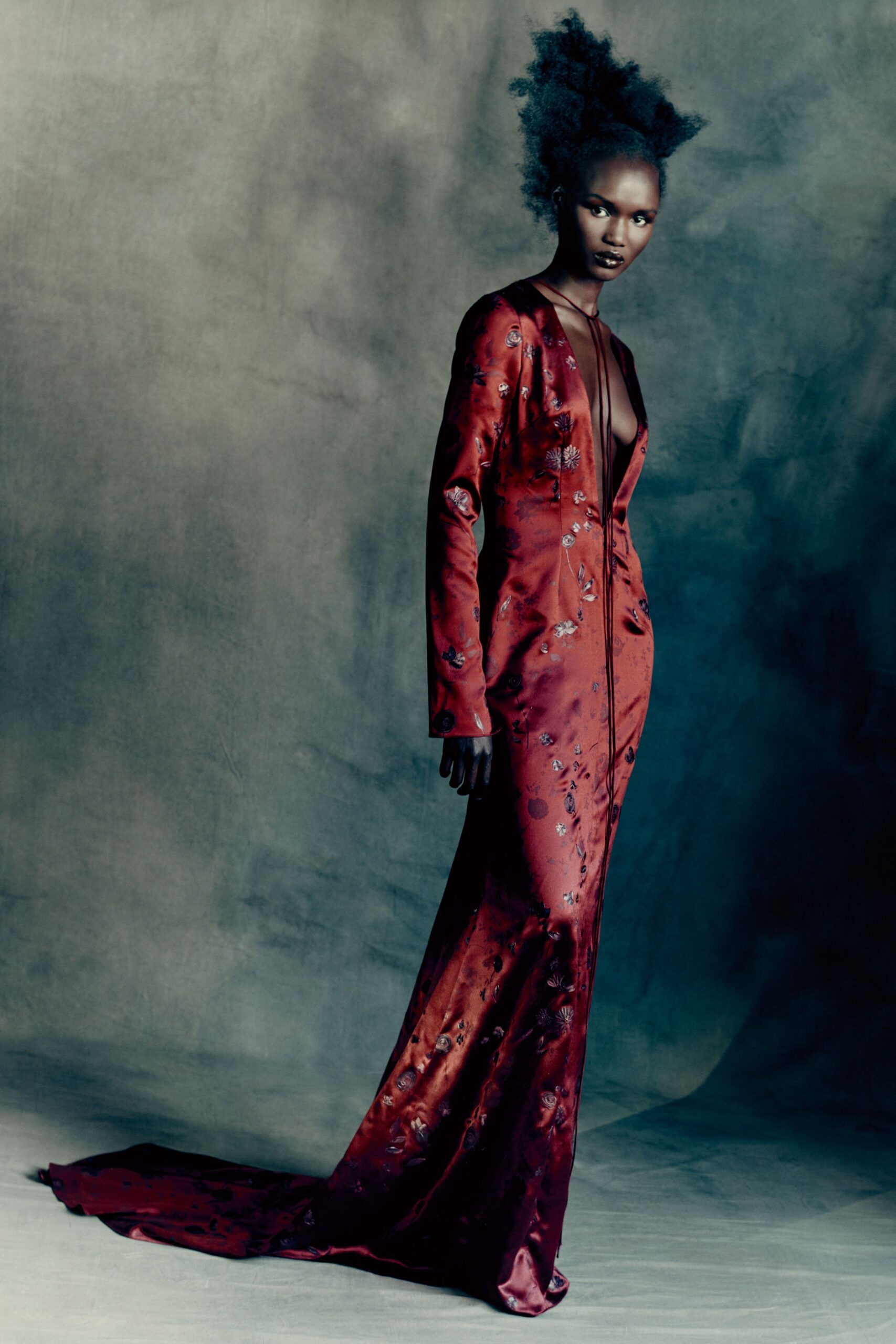 red silk fitted gown
