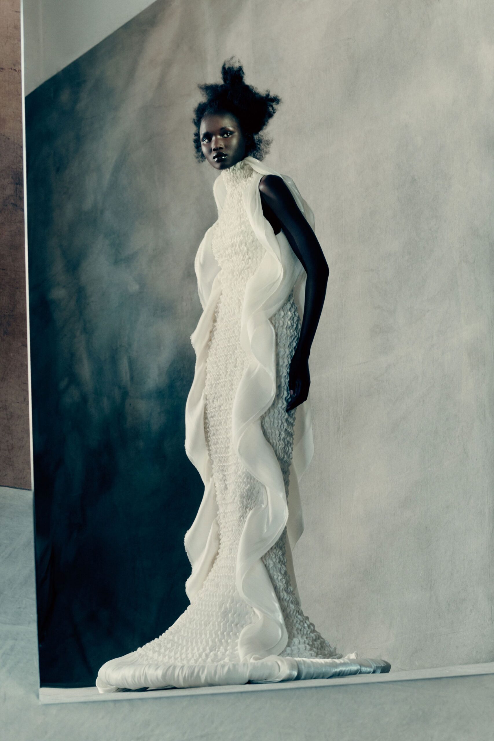 white silk ruffled gown