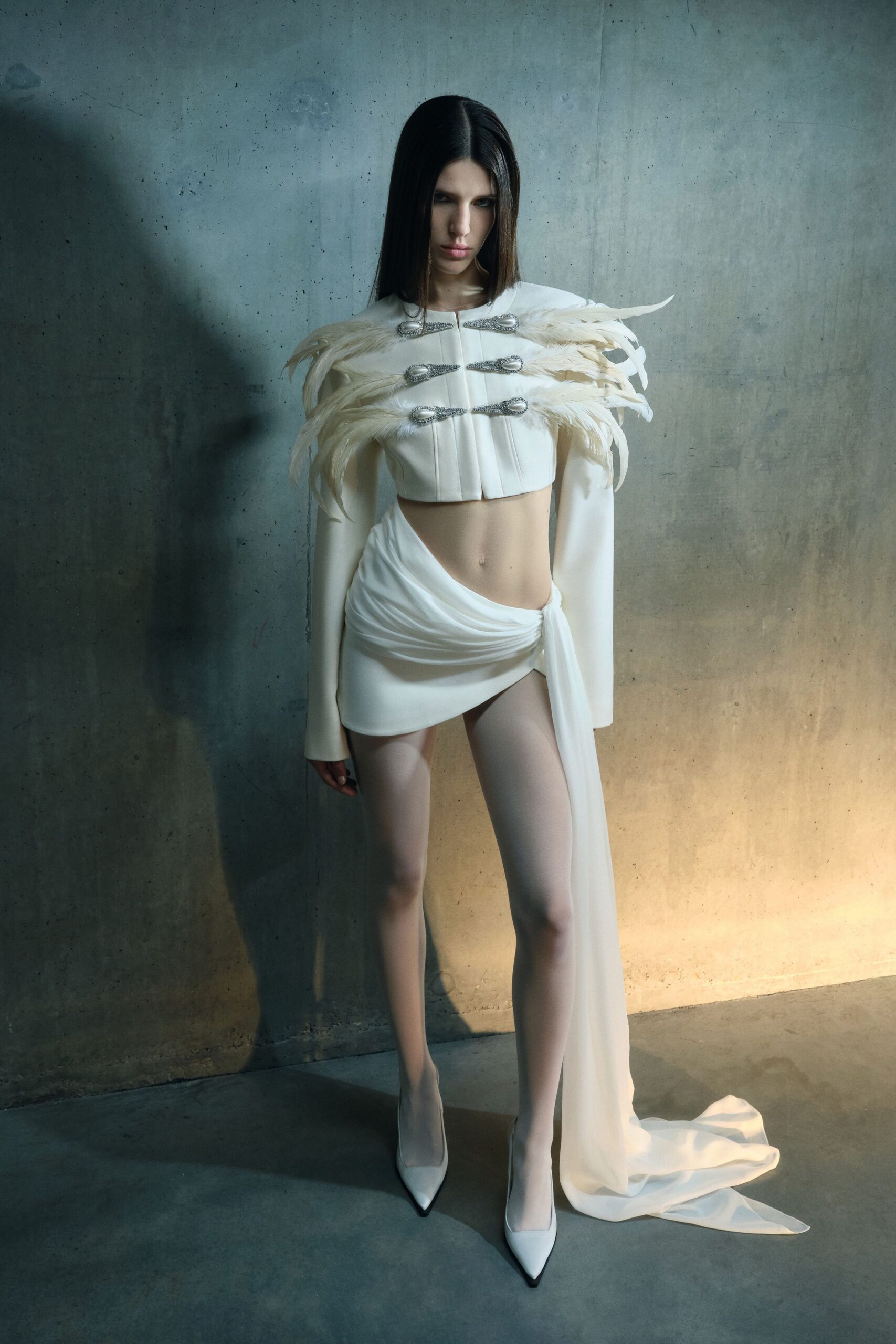 white silk asymmetric fitted draped skirt