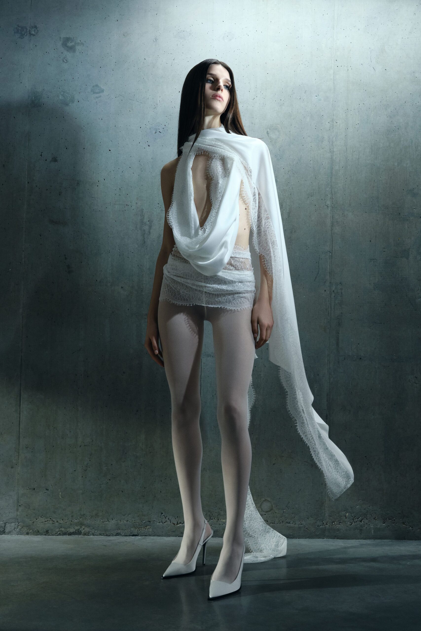 white chiffon sleeveless v-neck fitted draped sheer dress