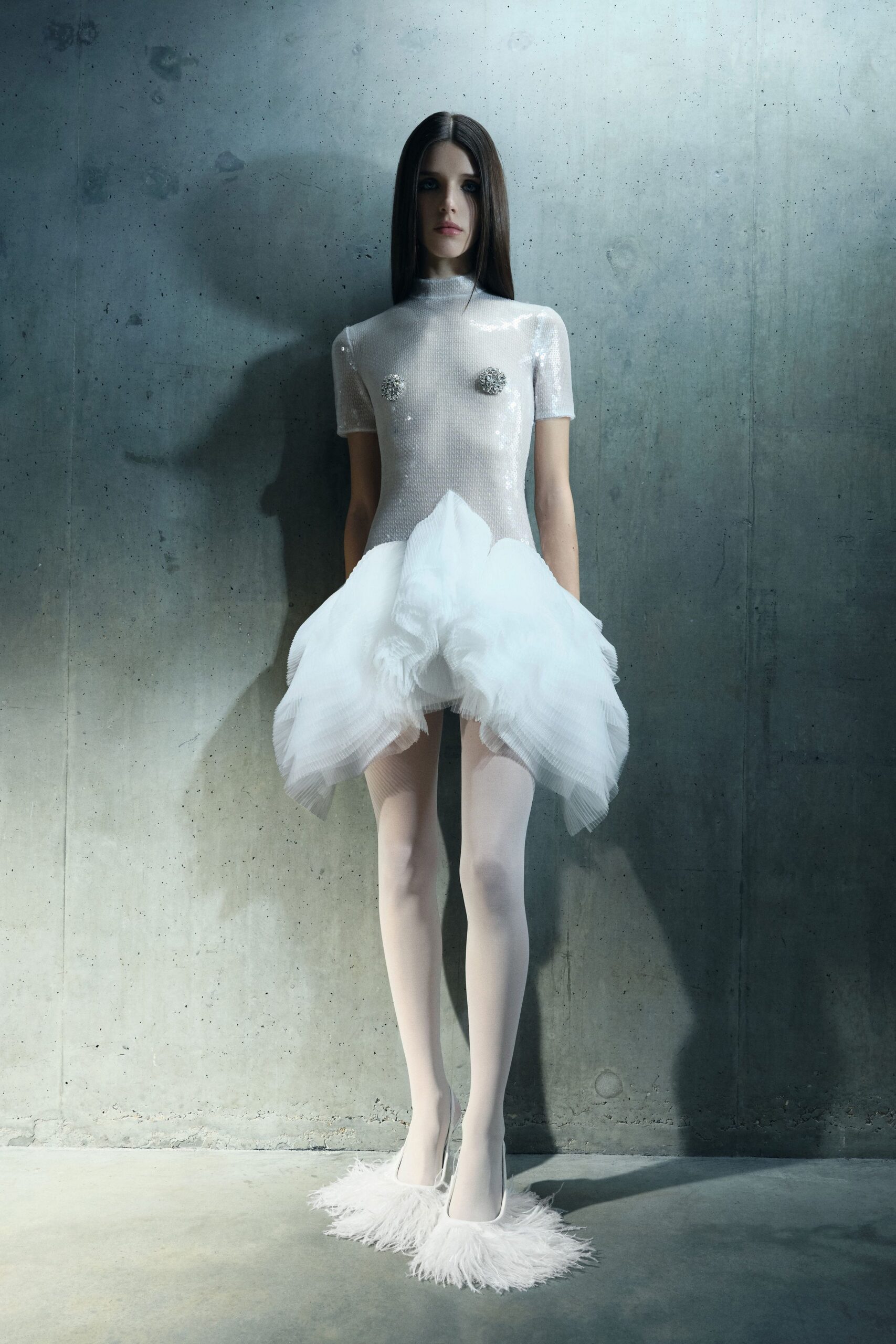 white tulle short-sleeve high-neck fitted pleated embellished dress