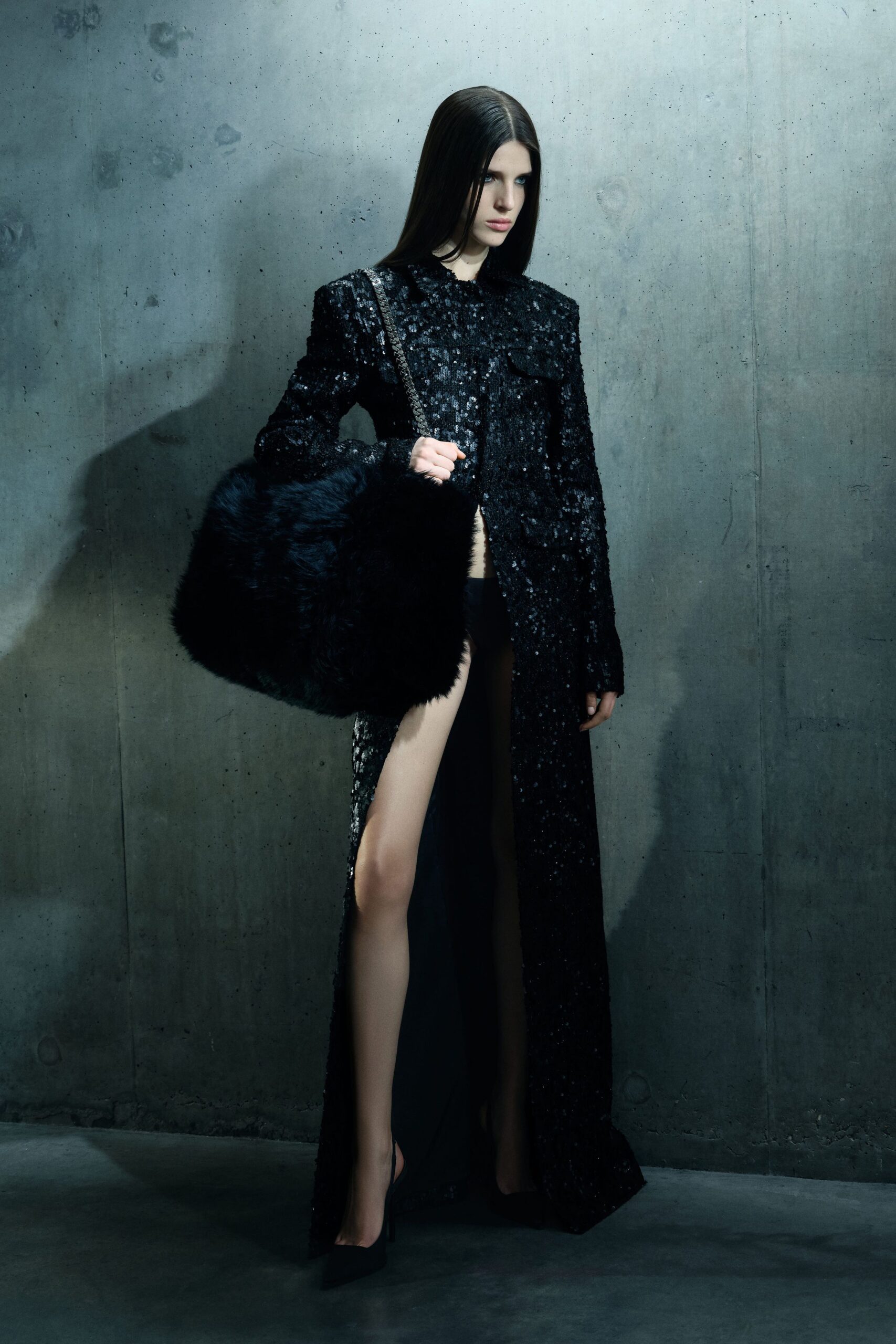 black sequin long-sleeve collared fitted buttoned shiny coat