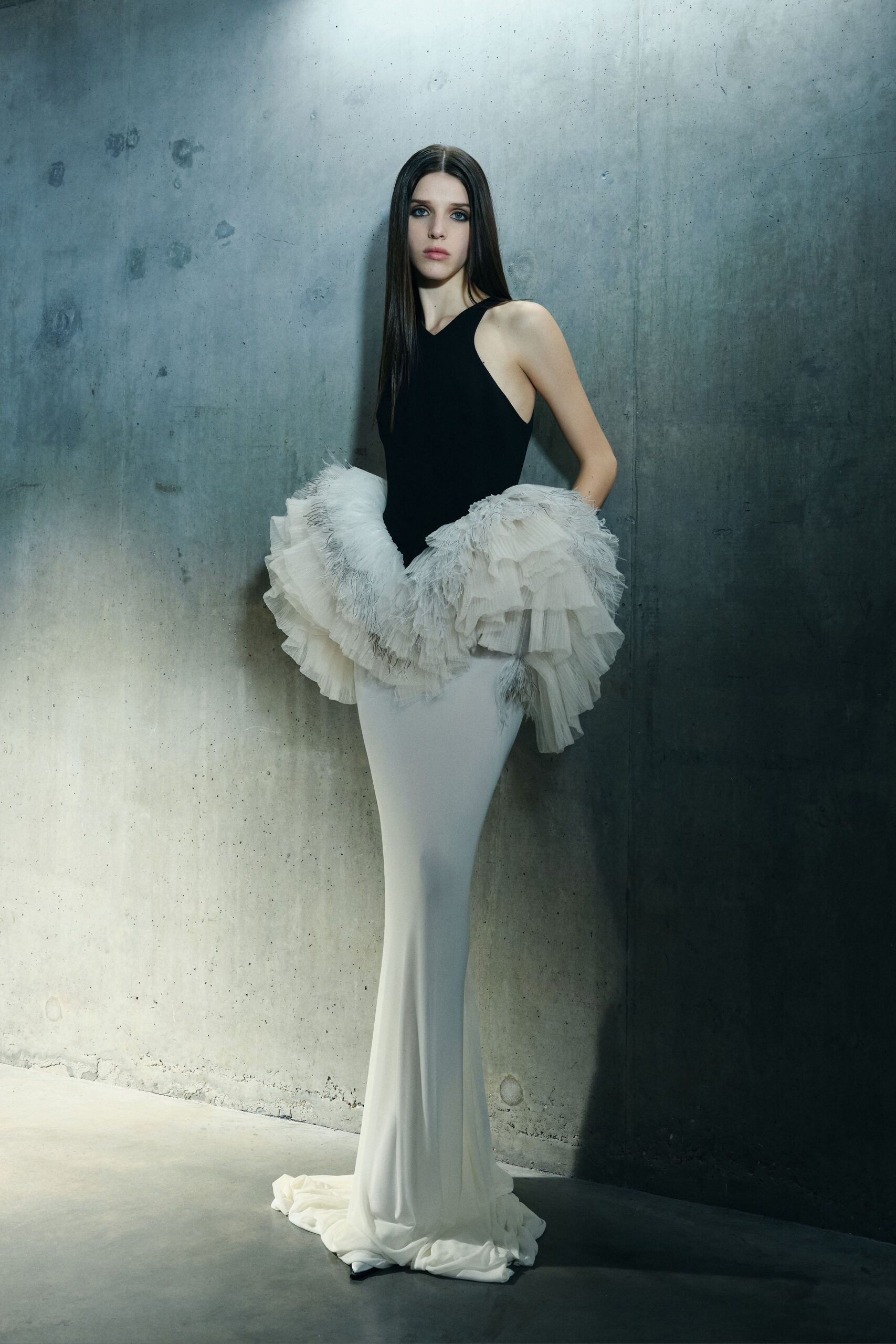 black and white ruffled gown