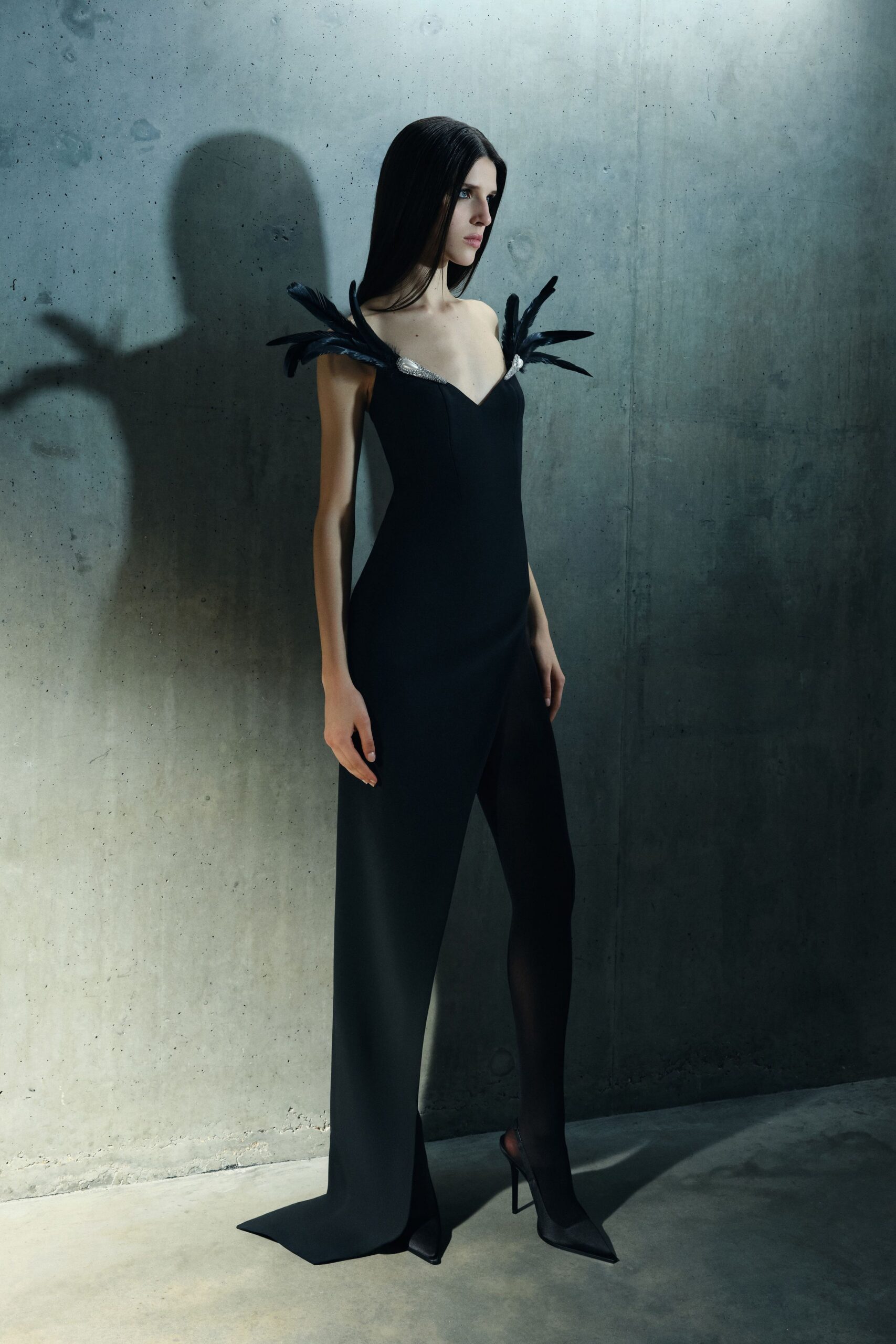 black silk fitted gown with slit