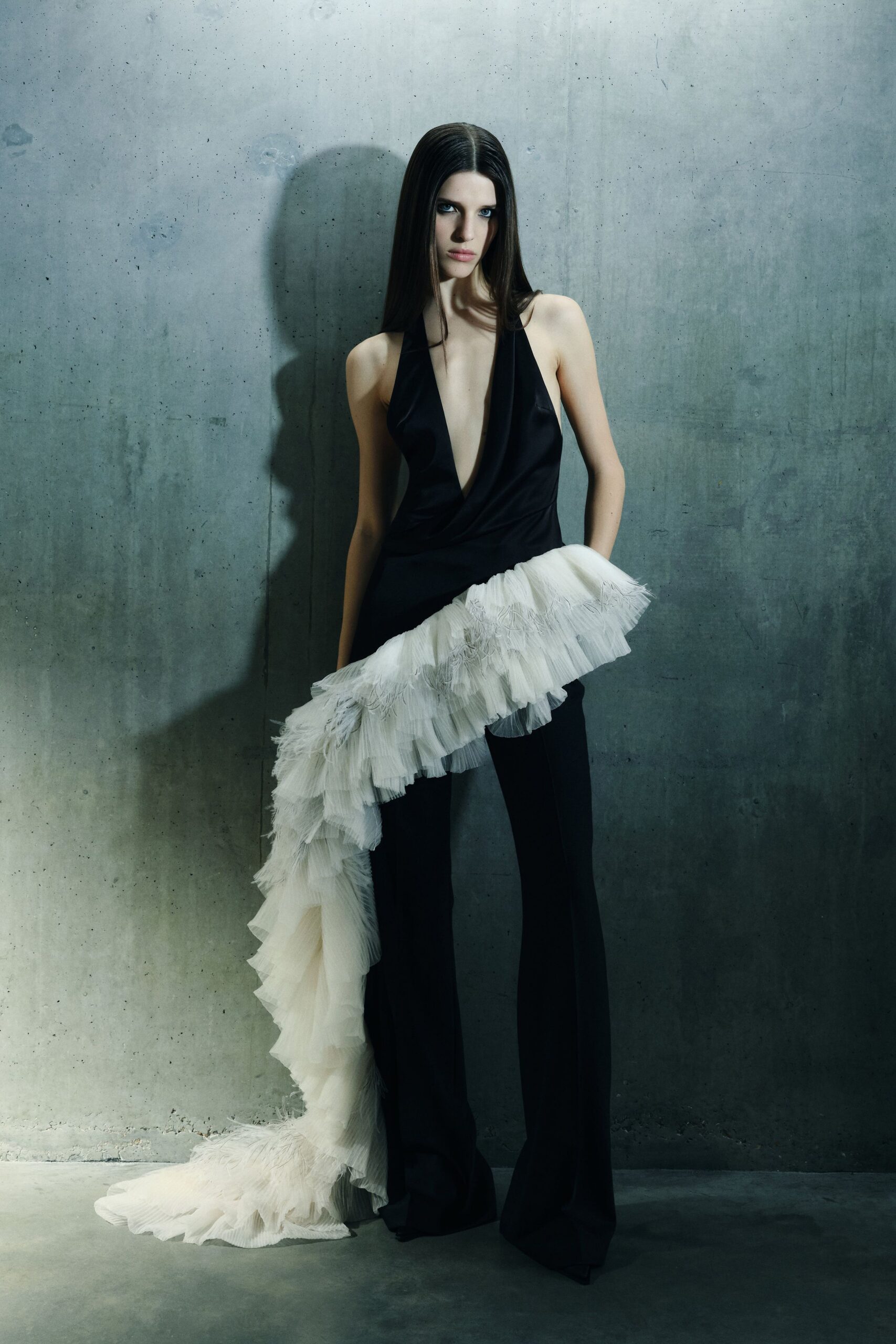 black silk sleeveless v-neck fitted ruffled jumpsuit