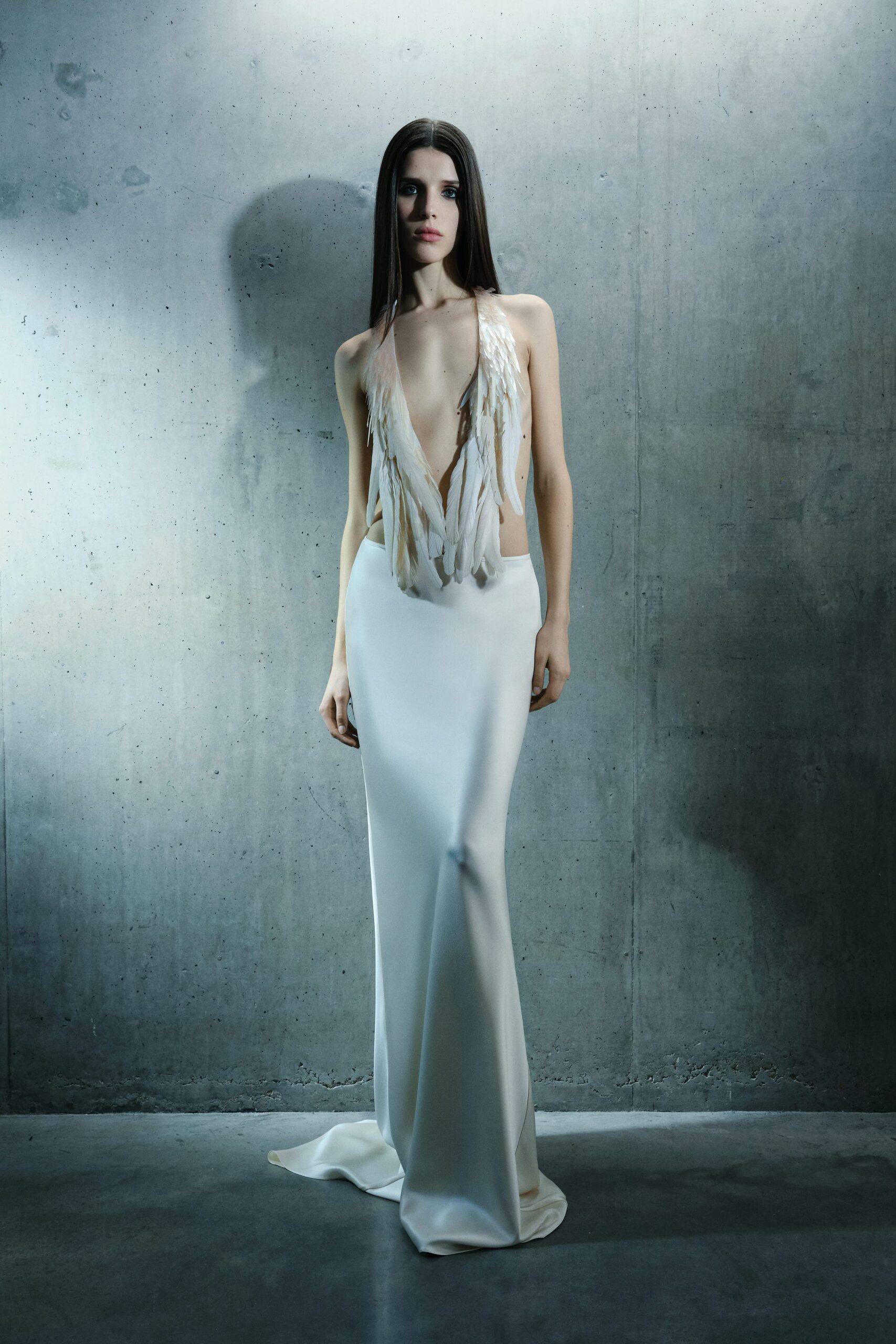 white silk sleeveless gown