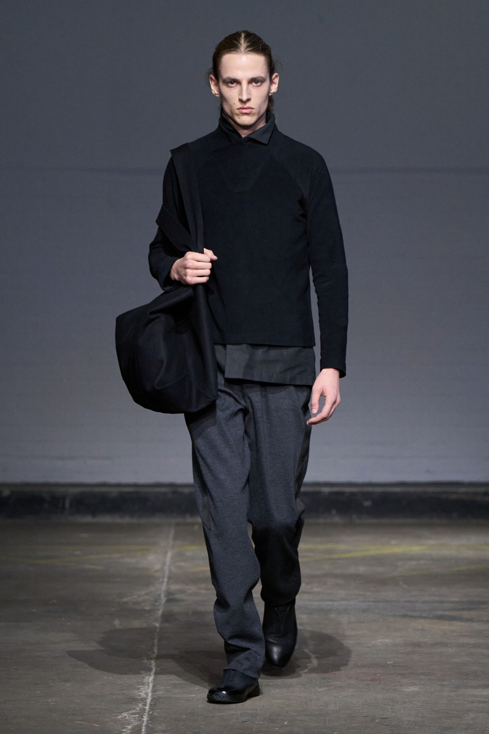 black fitted top gray relaxed pants